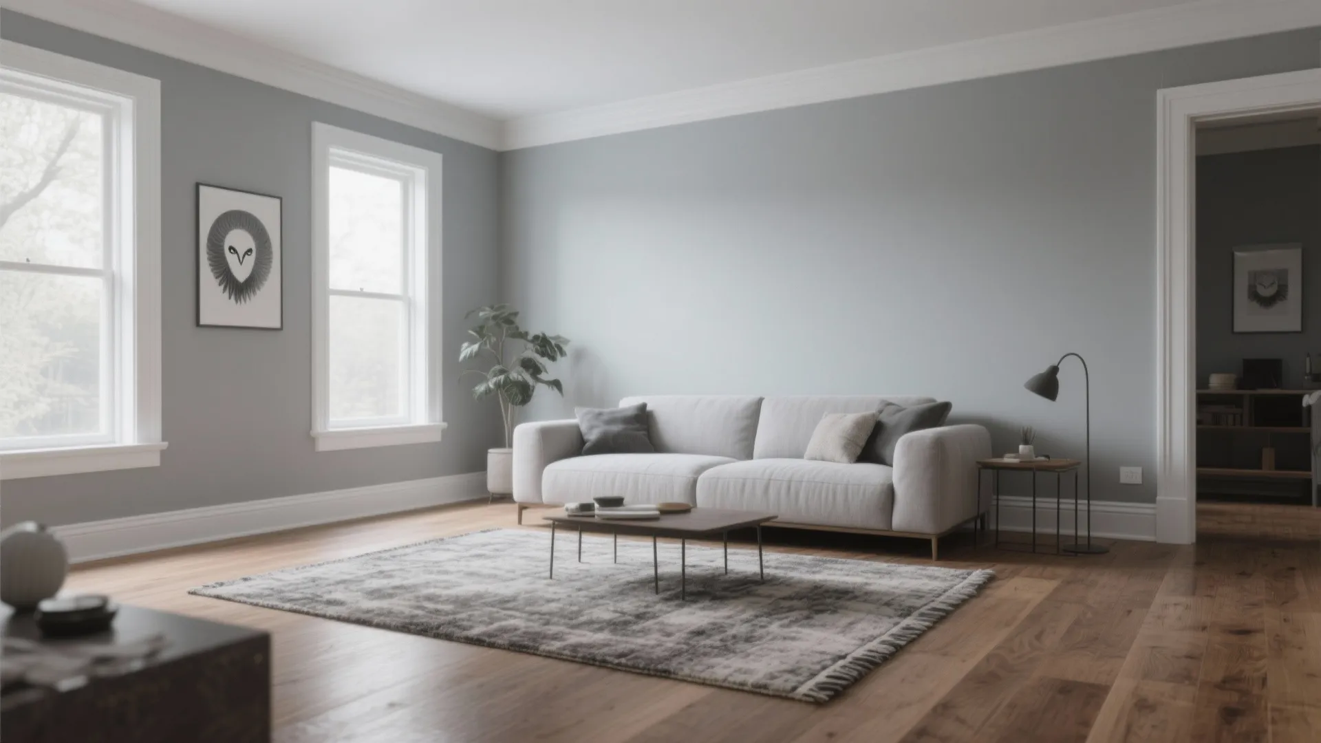 Modern living room with light gray walls, white sofa, wooden coffee table, and large windows