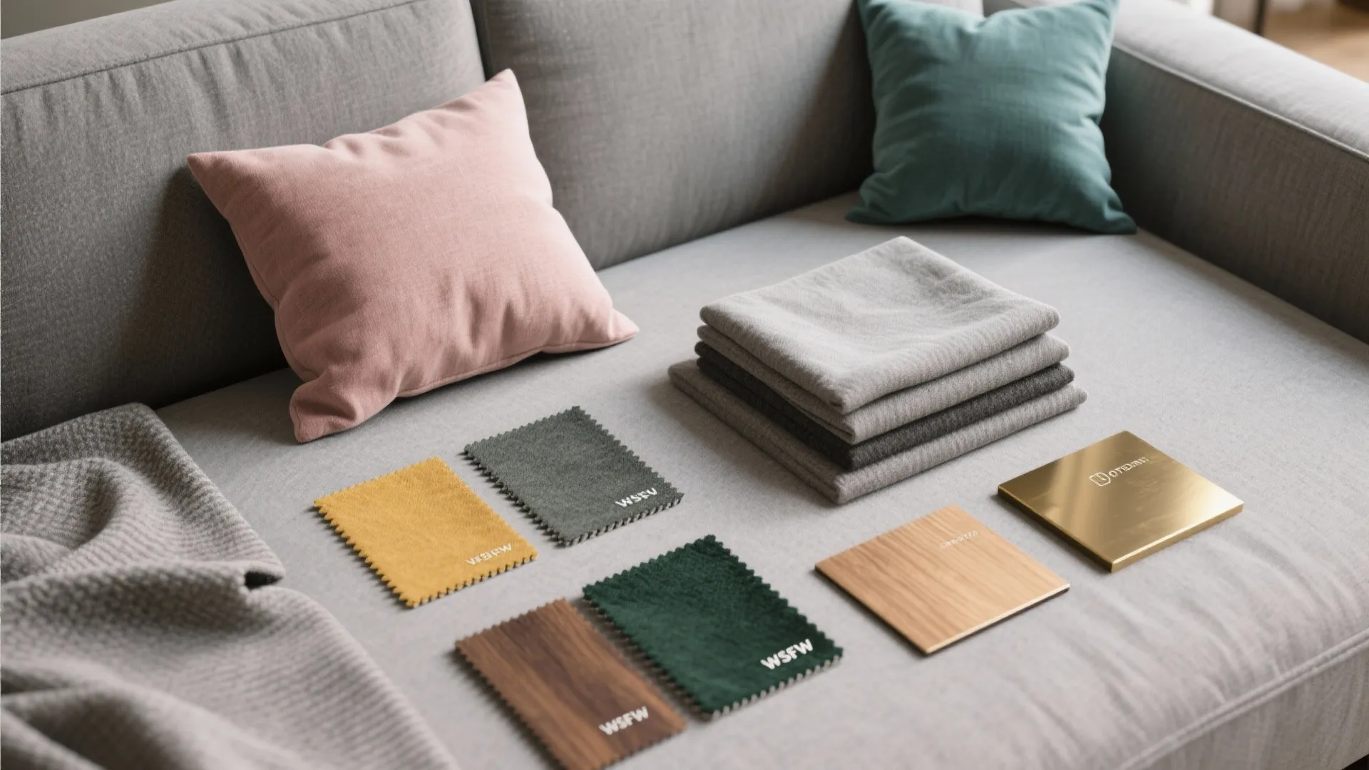 Grey sofa with fabric swatches wood samples and colorful pillows for home interior design planning