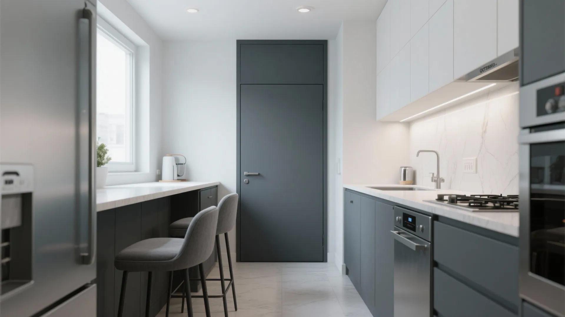 Small kitchen with a deep gray pantry contrasted against white perimeter cabinets and matching gray accents.