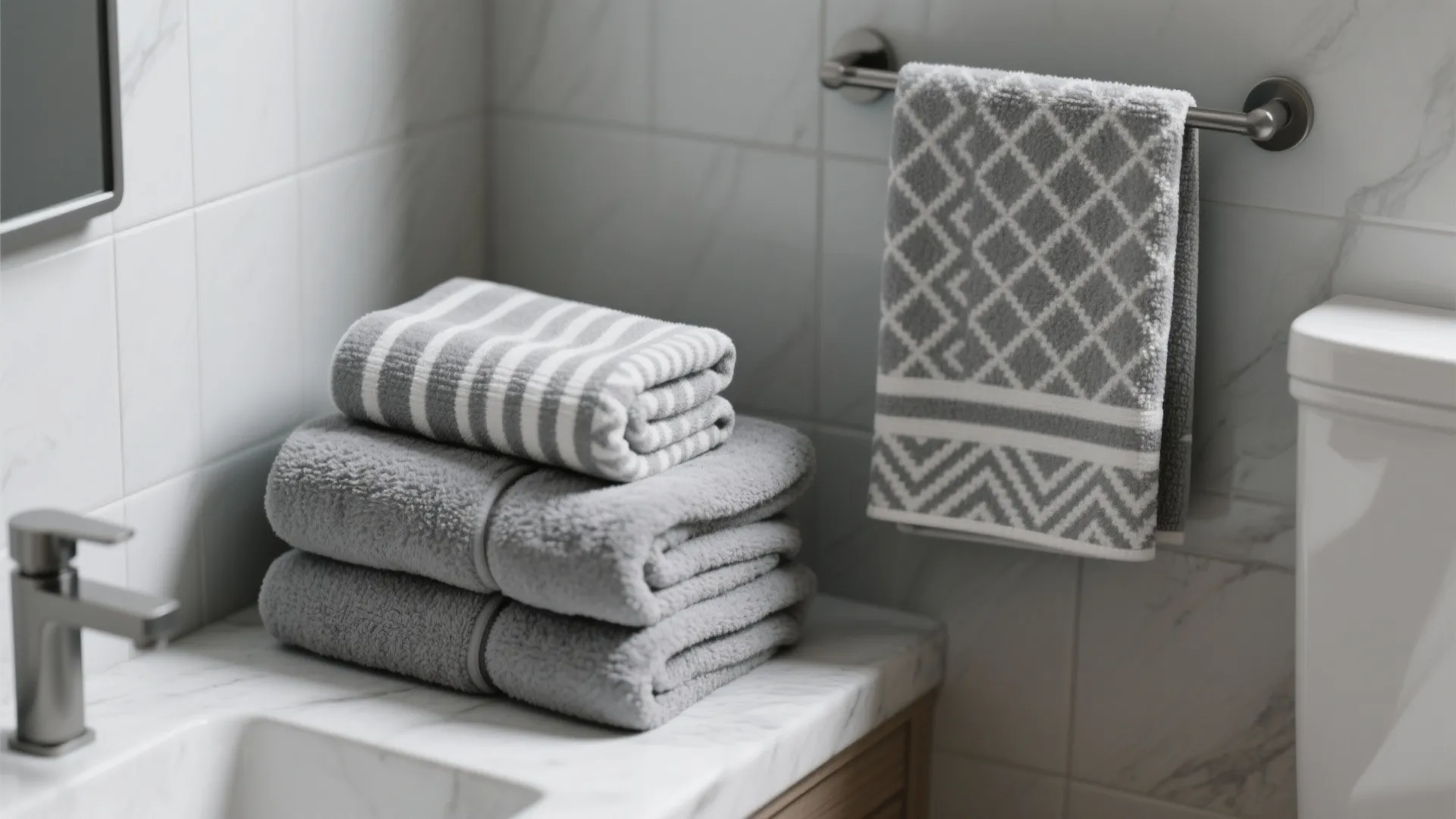 Stacked gray towels on marble bathroom counter next to a patterned towel on a metal rack
