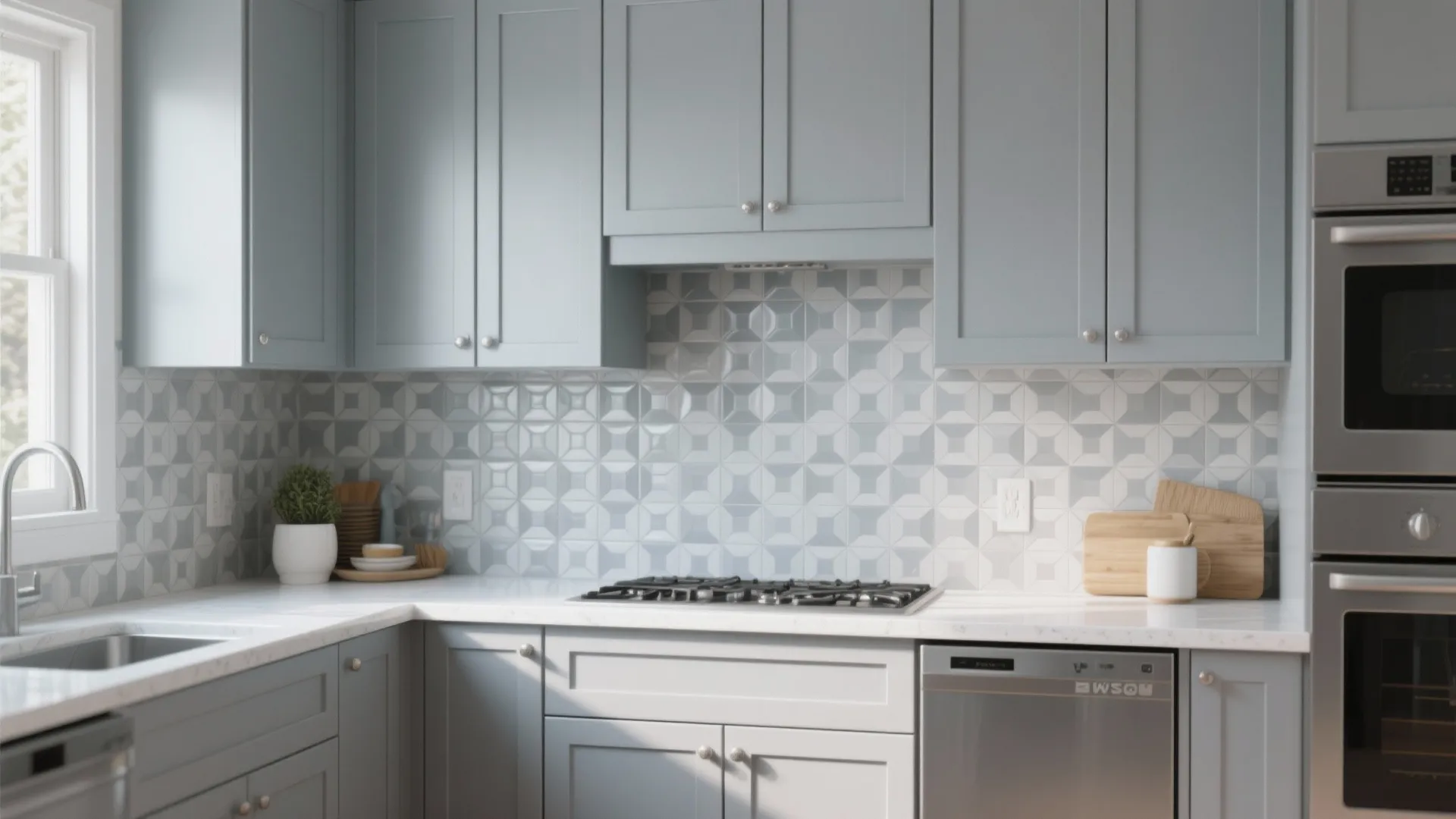 4. Gray Cabinets with Patterned Backsplash
