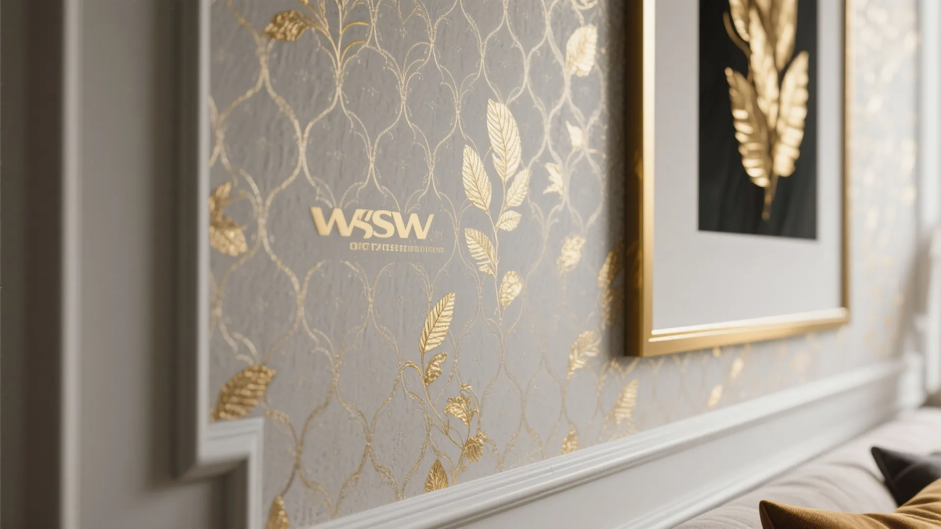 Close up of grey wall with gold leaf patterns and a white wall panel design