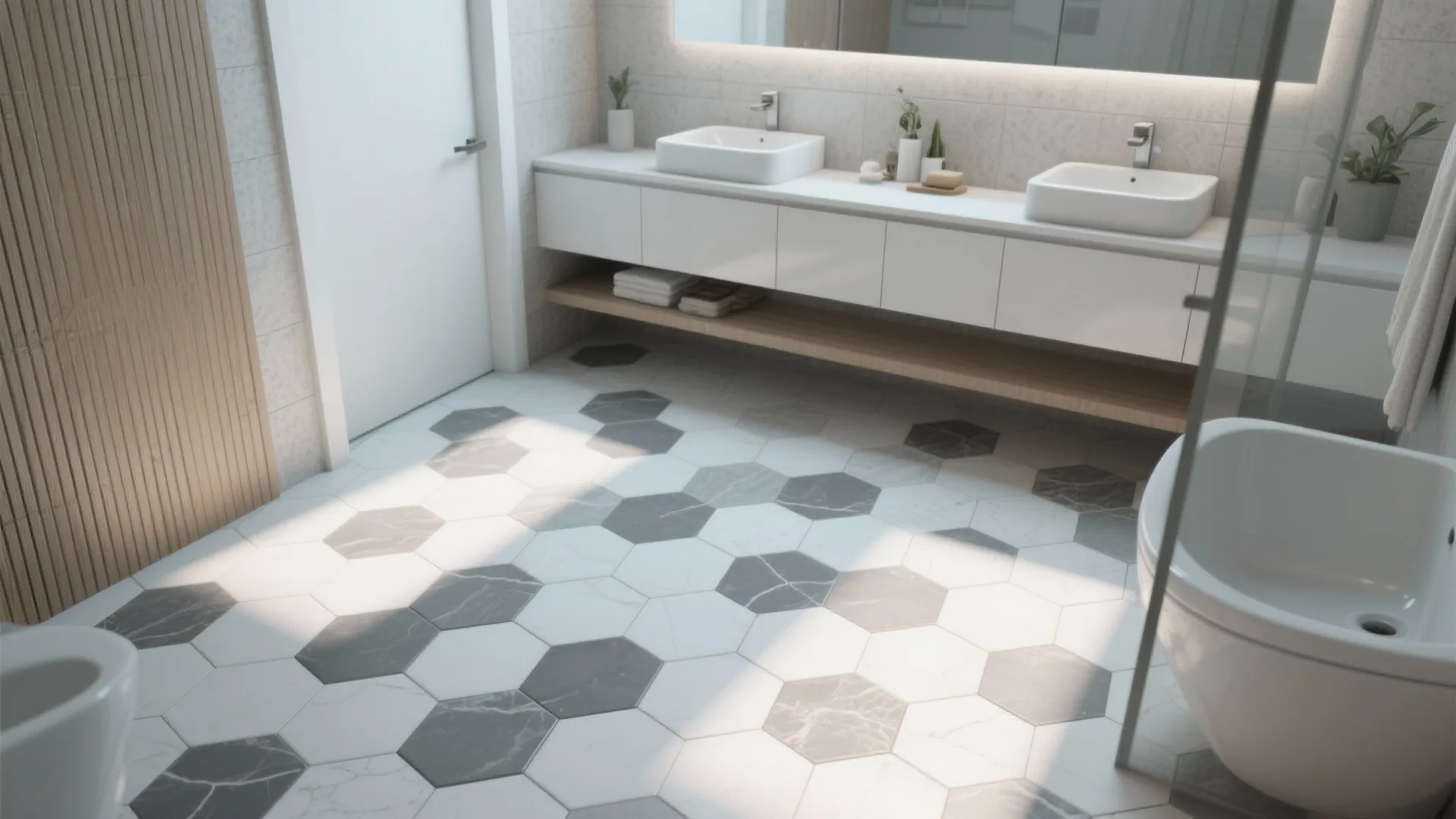Modern bathroom interior showing white and grey hexagon floor tiles with a white sink cabinet