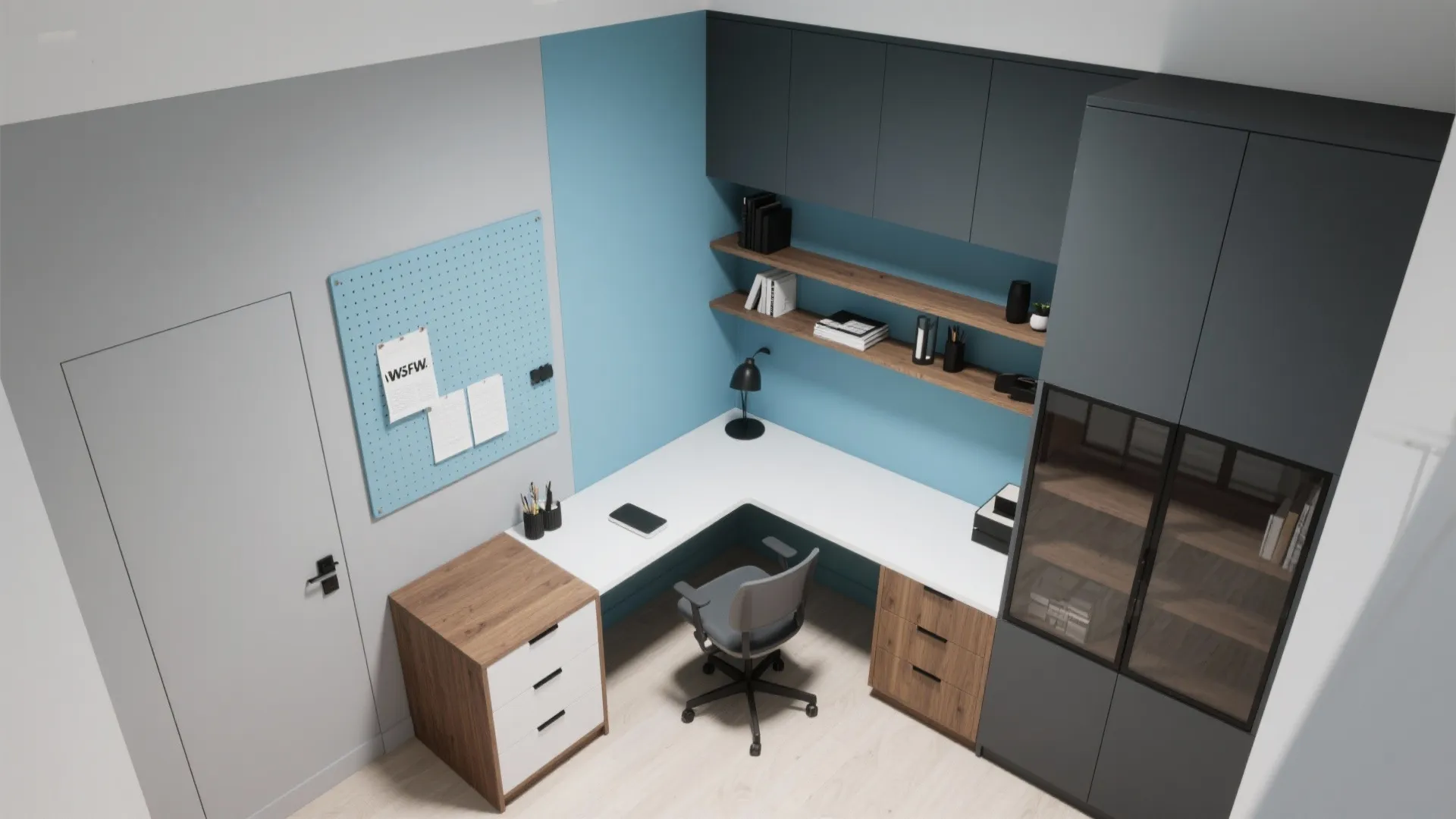 Modern home office with white corner desk grey chair blue accent wall and dark cabinets
