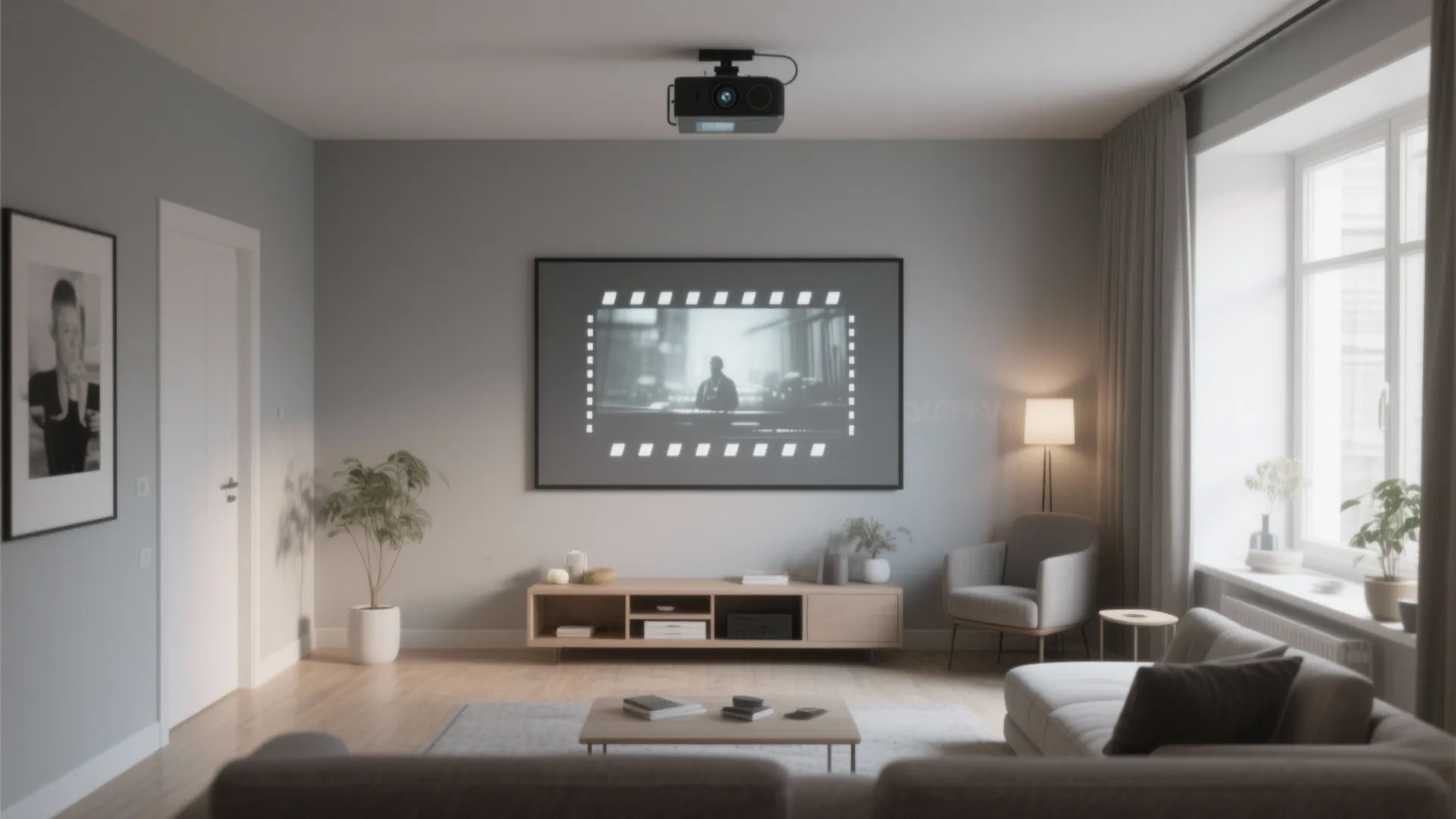 Modern living room showing a ceiling projector displaying a movie on a large gray screen