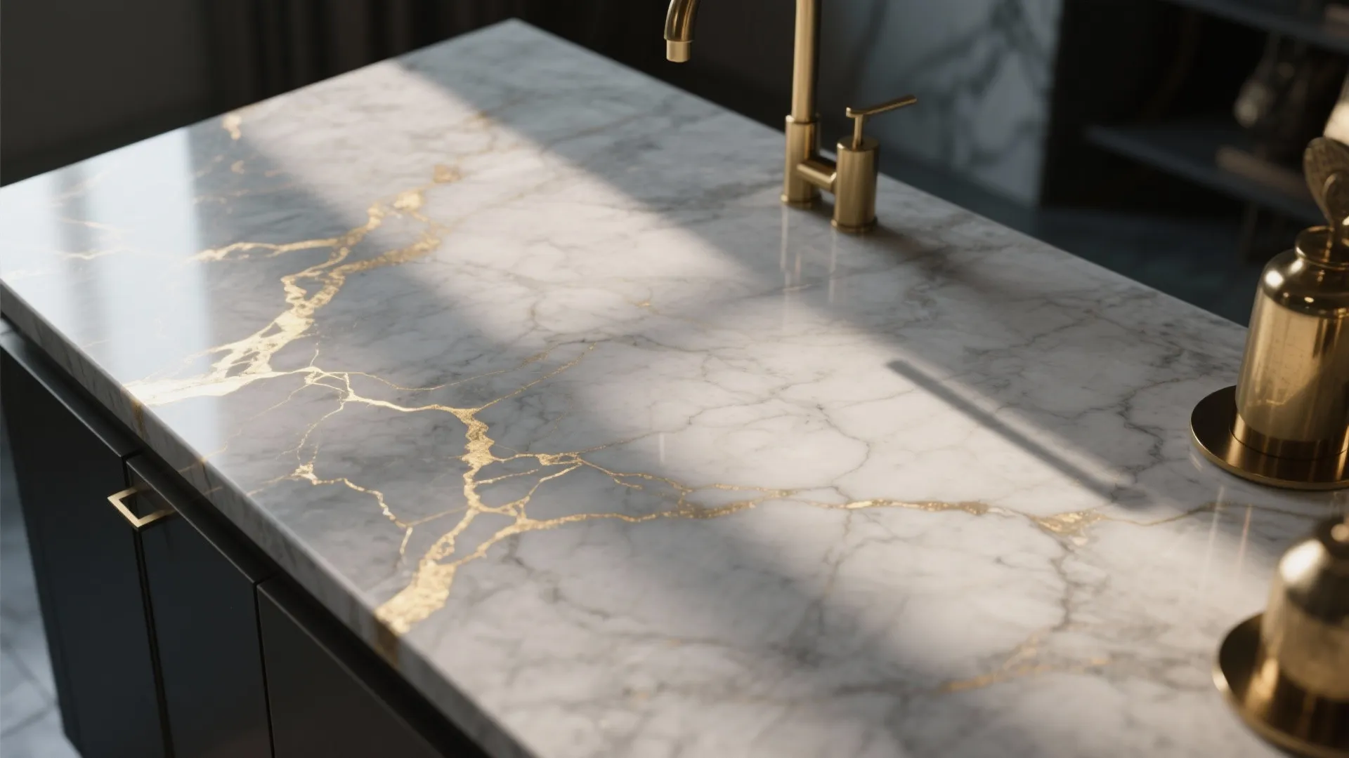 2. Gray quartz countertops with subtle gold veining