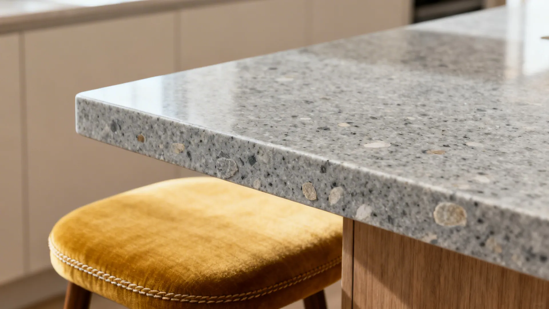 Macro of gray quartz countertop next to a mustard upholstered stool seat.