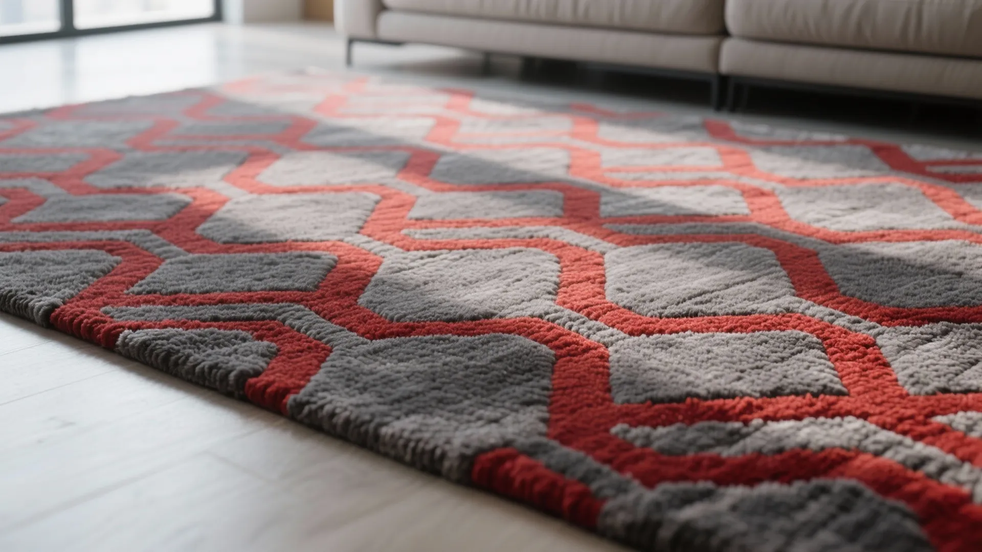 Close-up of rug with gray and red geometric patterns