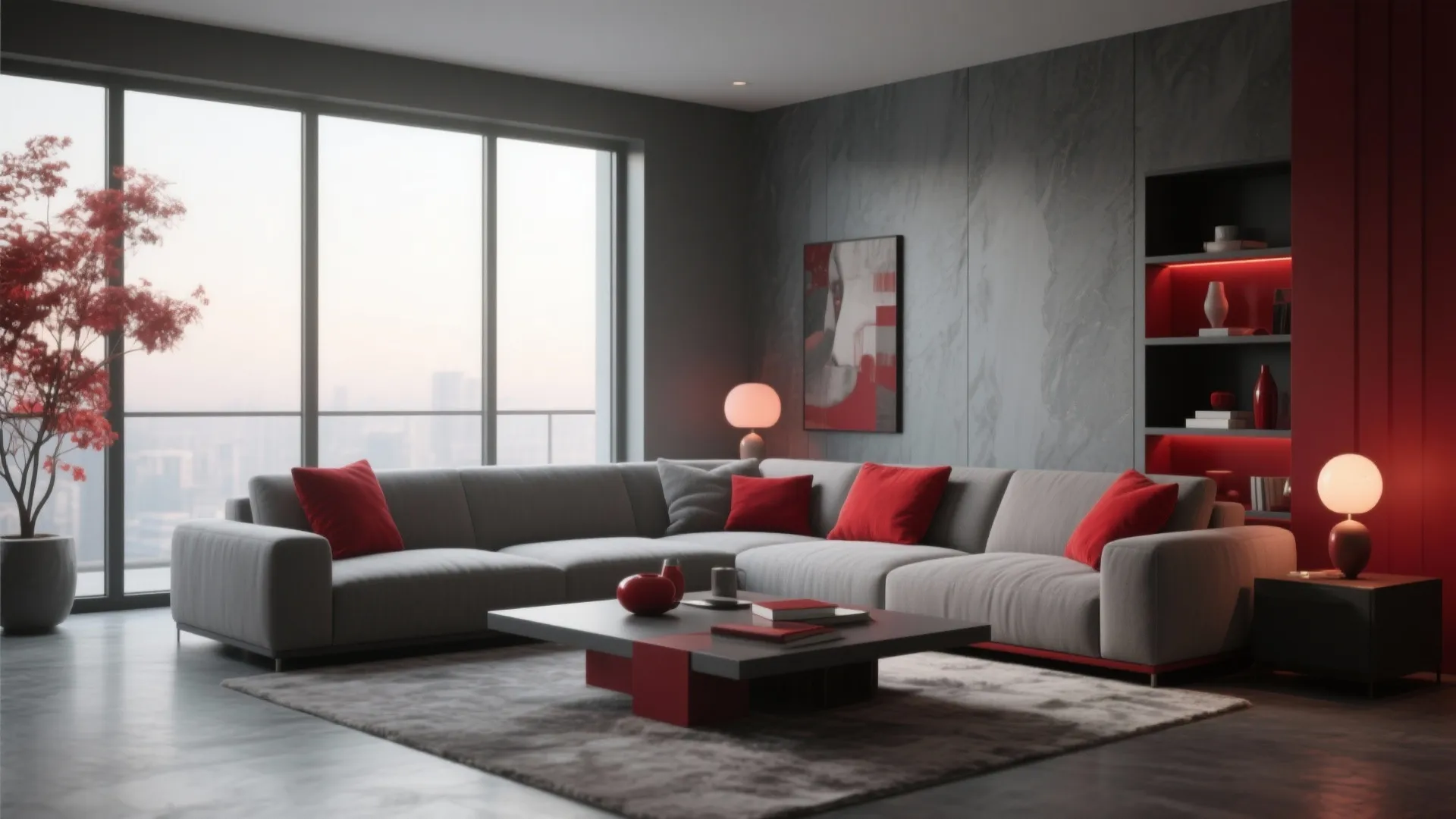Luxury dark grey living room with large corner sofa red pillows and red tree by window