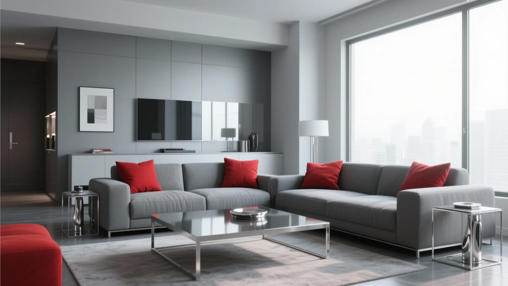 Modern grey living room with red pillows, metal coffee table, grey sofa, and large windows