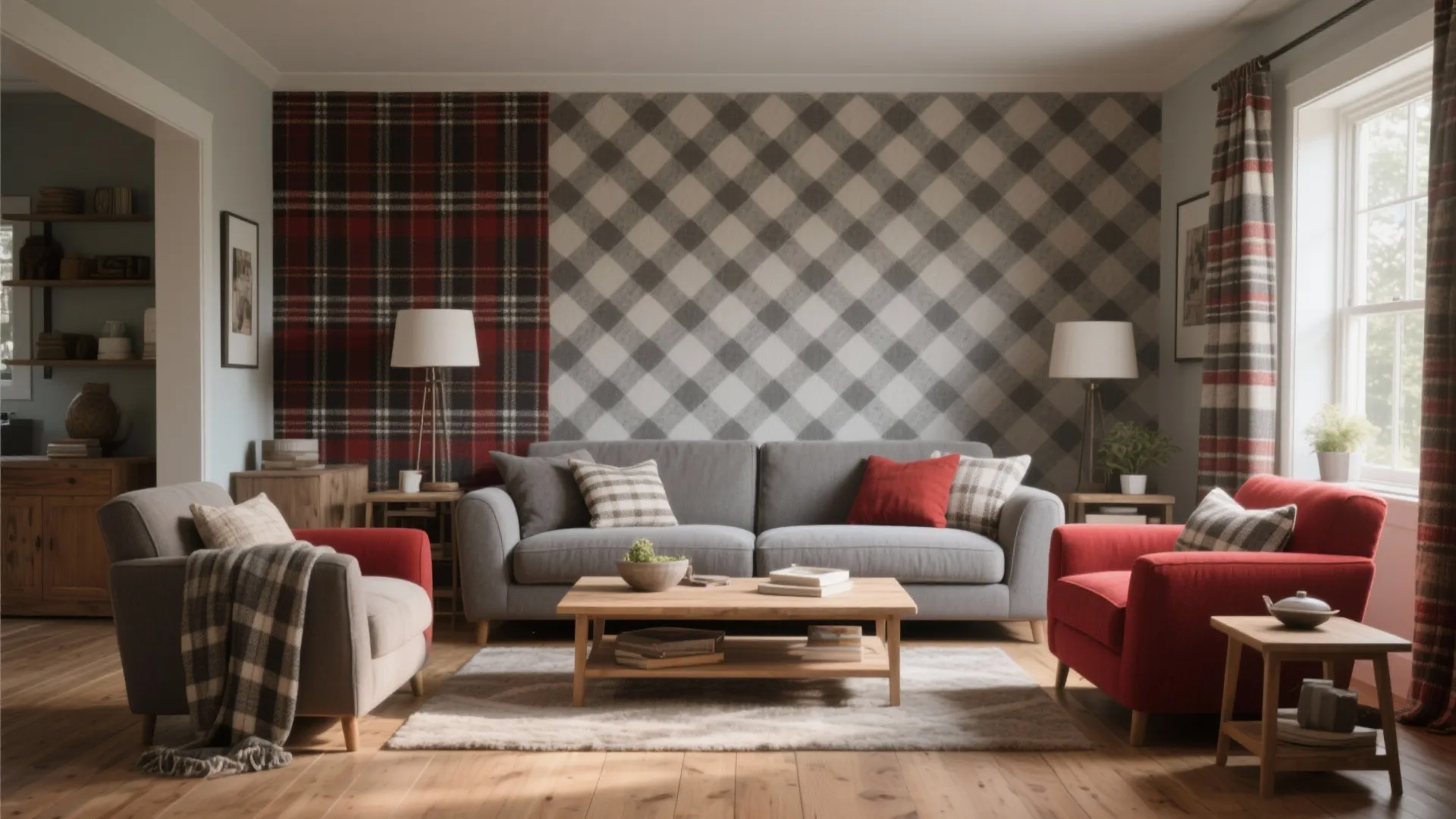Living room with plaid wall panel grey sofa red armchairs wooden coffee table and natural light