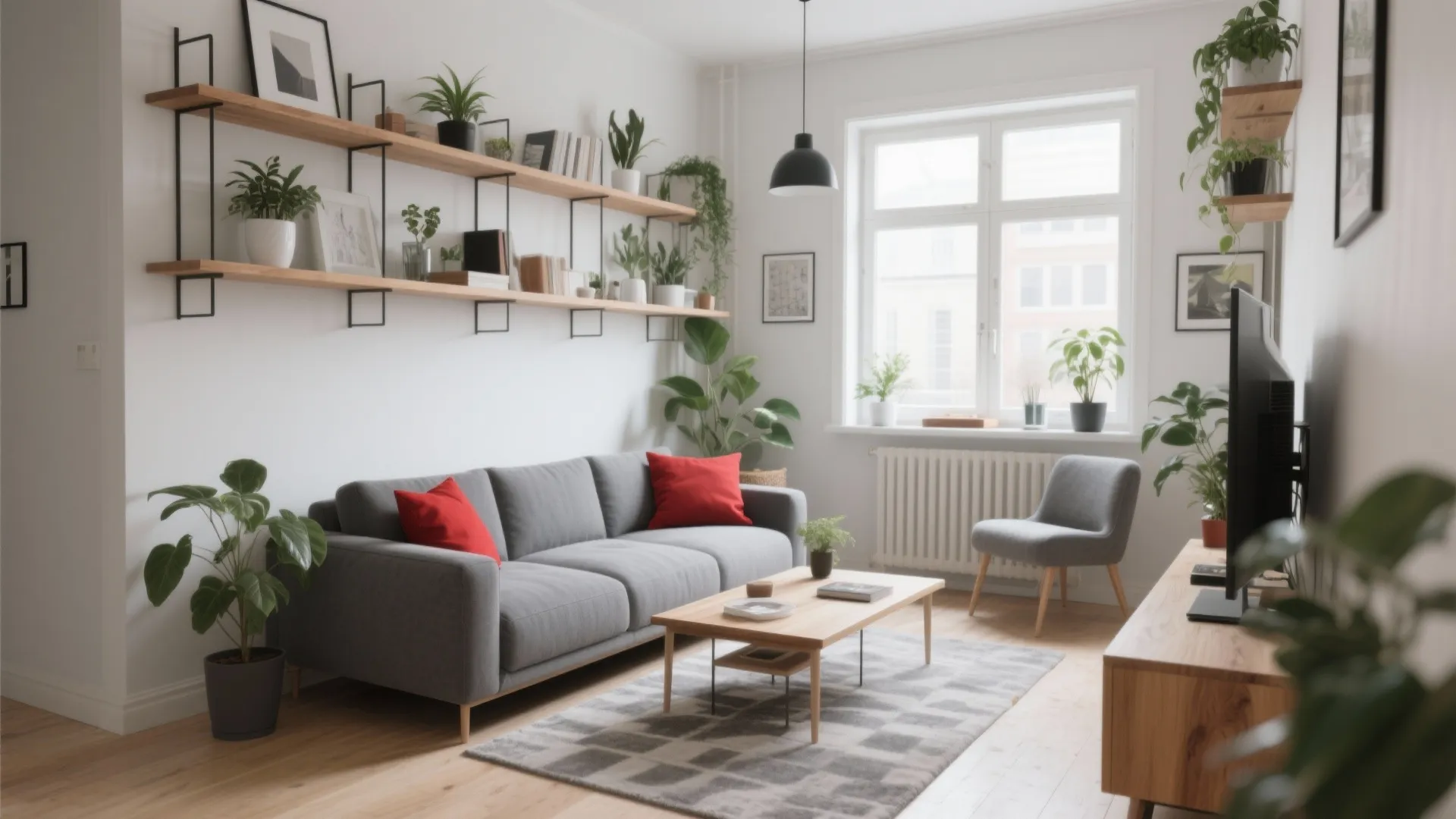 Modern white living room with grey sofa red pillows wooden wall shelves and many green plants
