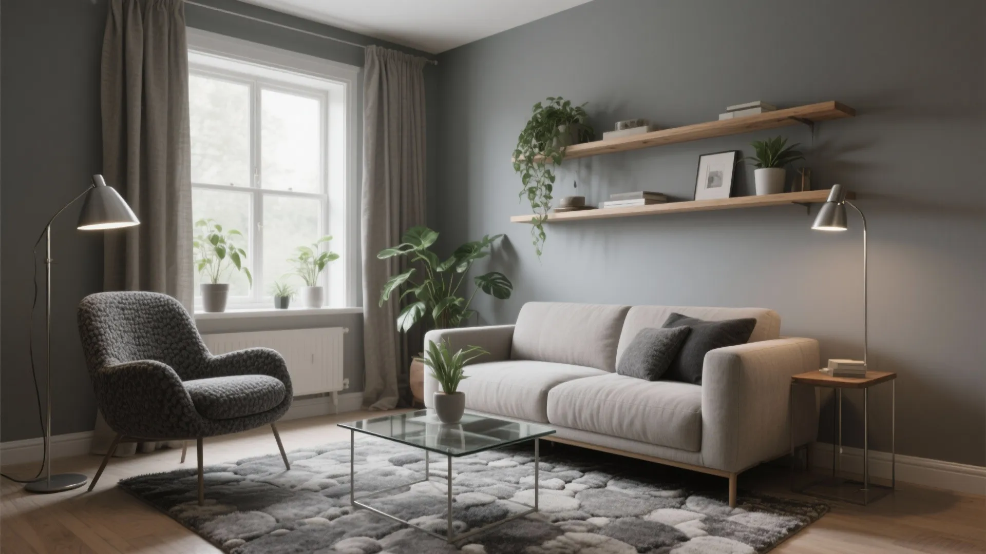 Modern grey living room with sofa armchair glass coffee table wooden shelves and indoor plants