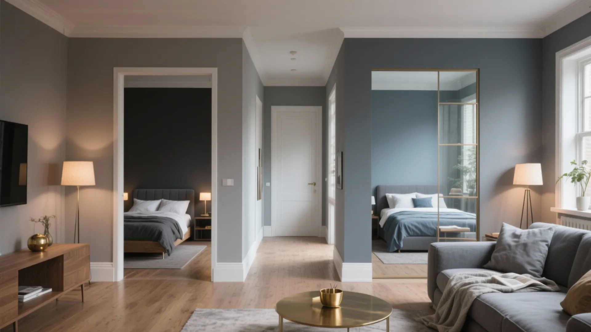 Living room featuring grey sofa and wooden cabinet showing views into two different bedroom areas