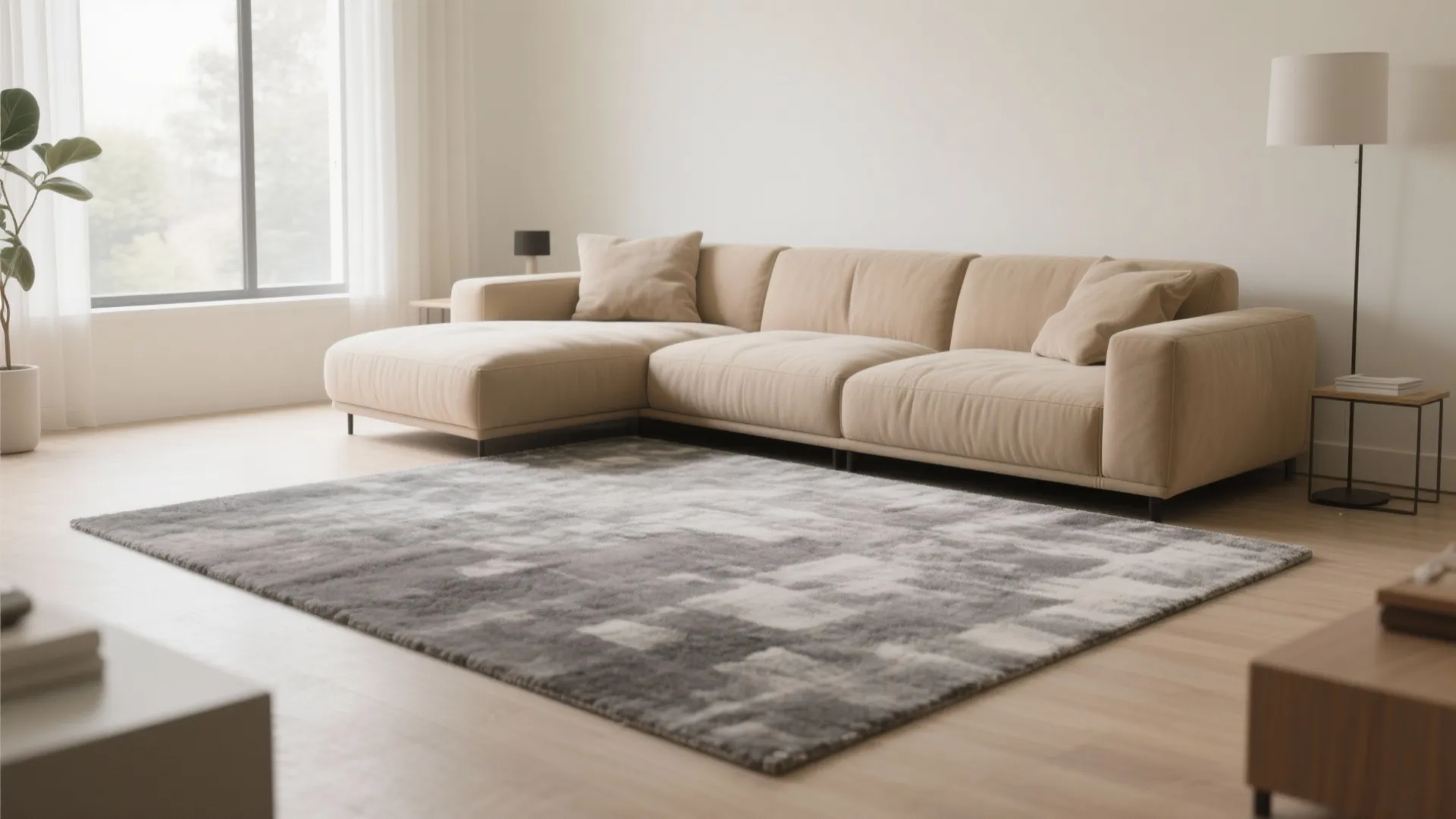 Neutral living room with gray rug and tan sofa