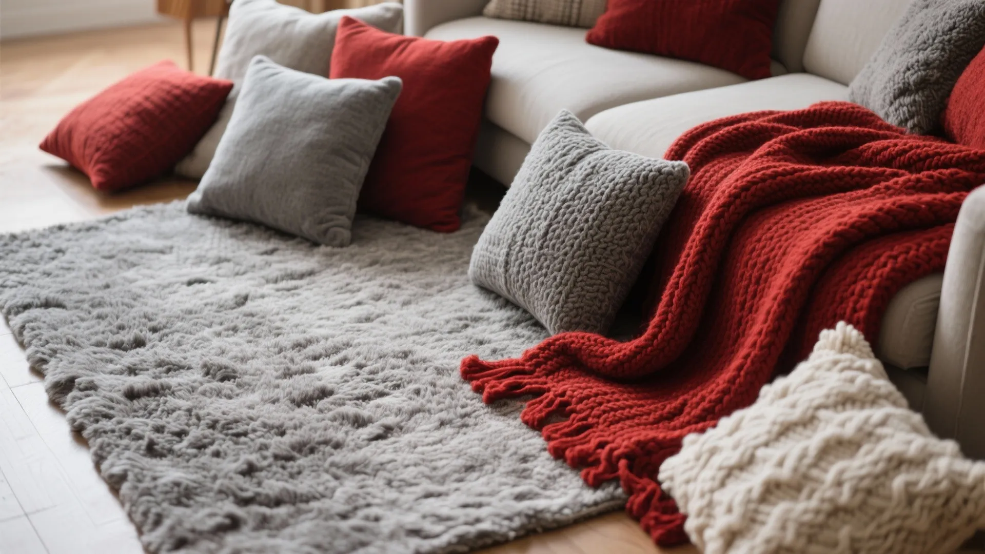 Top view of gray rug and red knitted throws with cushions