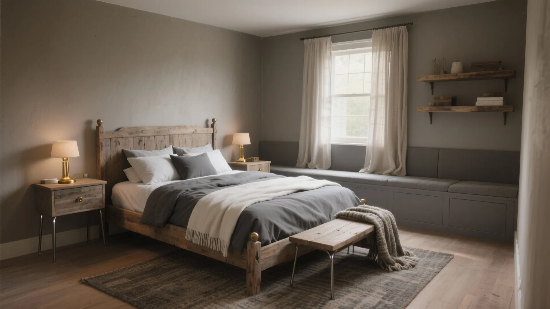 Rustic bedroom with wooden bed, grey bedding, long window bench, side tables, and warm lamps
