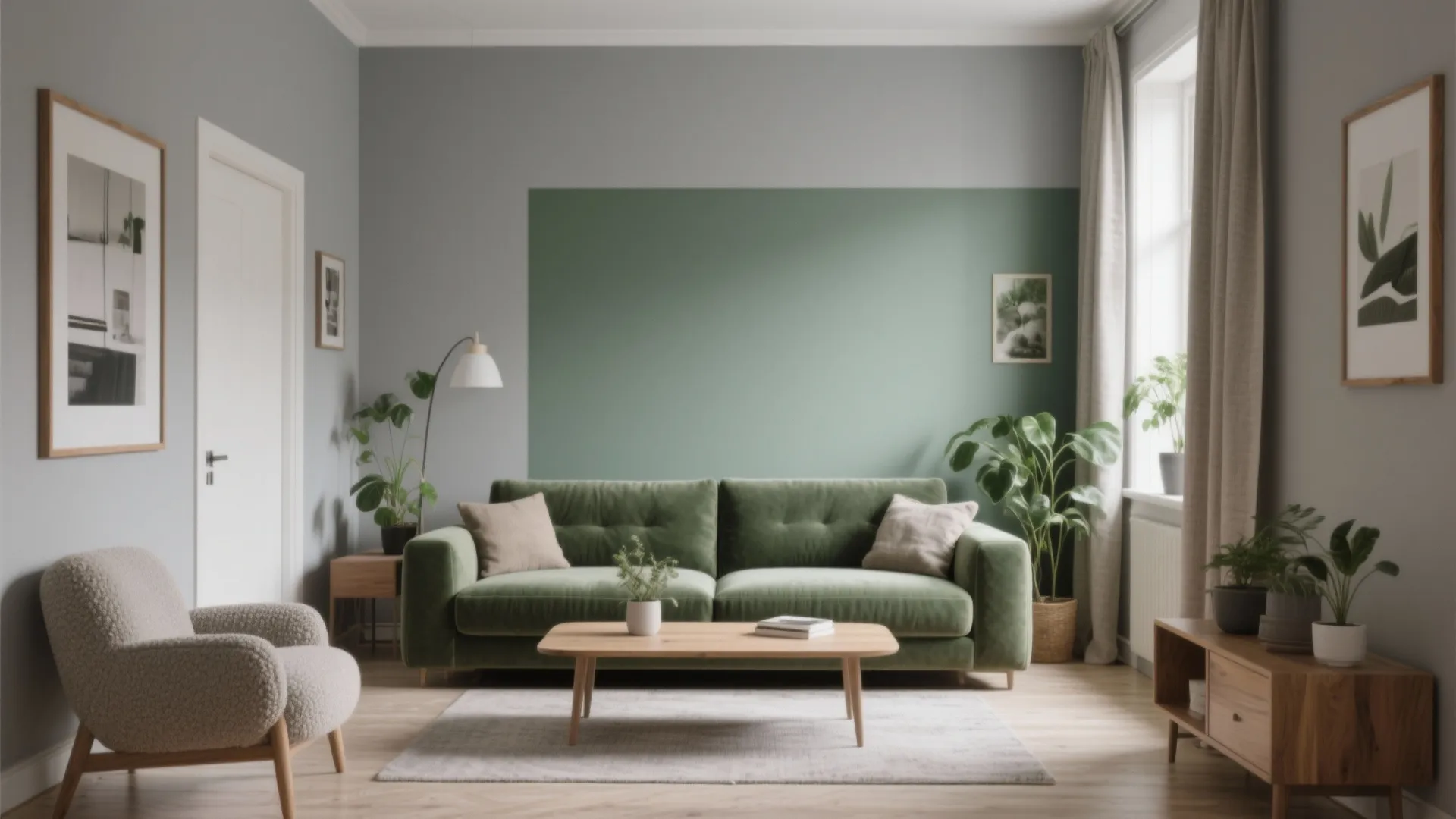 Living room interior featuring green sofa wooden coffee table grey walls and framed wall art decor