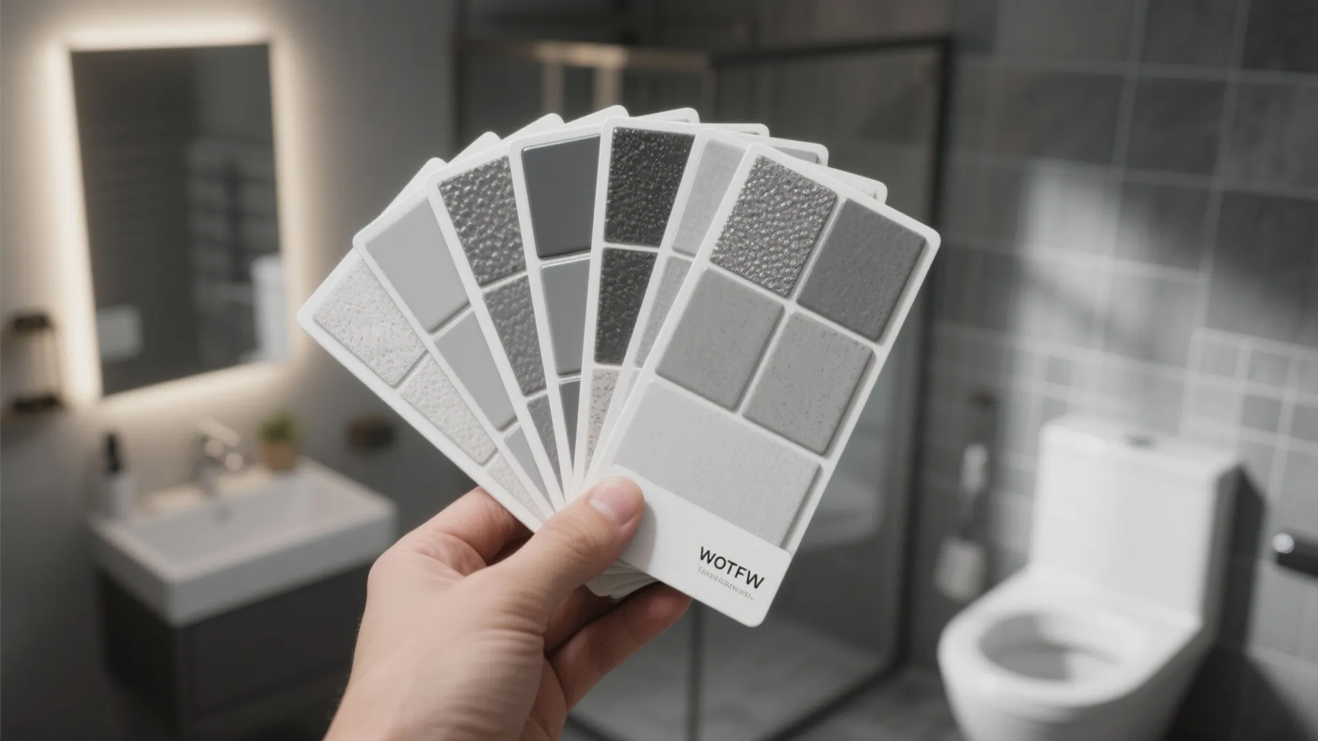 Hand holding a fan of gray tile samples in a modern bathroom with white toilet