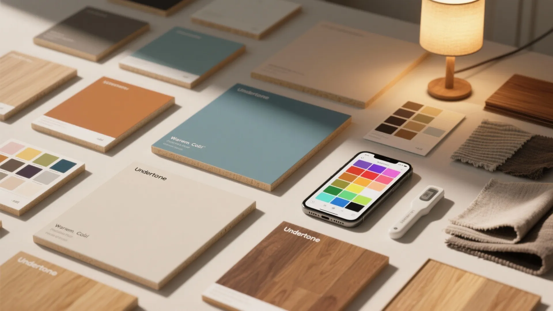 Flat lay of various color samples, wood boards, fabric swatches, and phone showing digital palette.