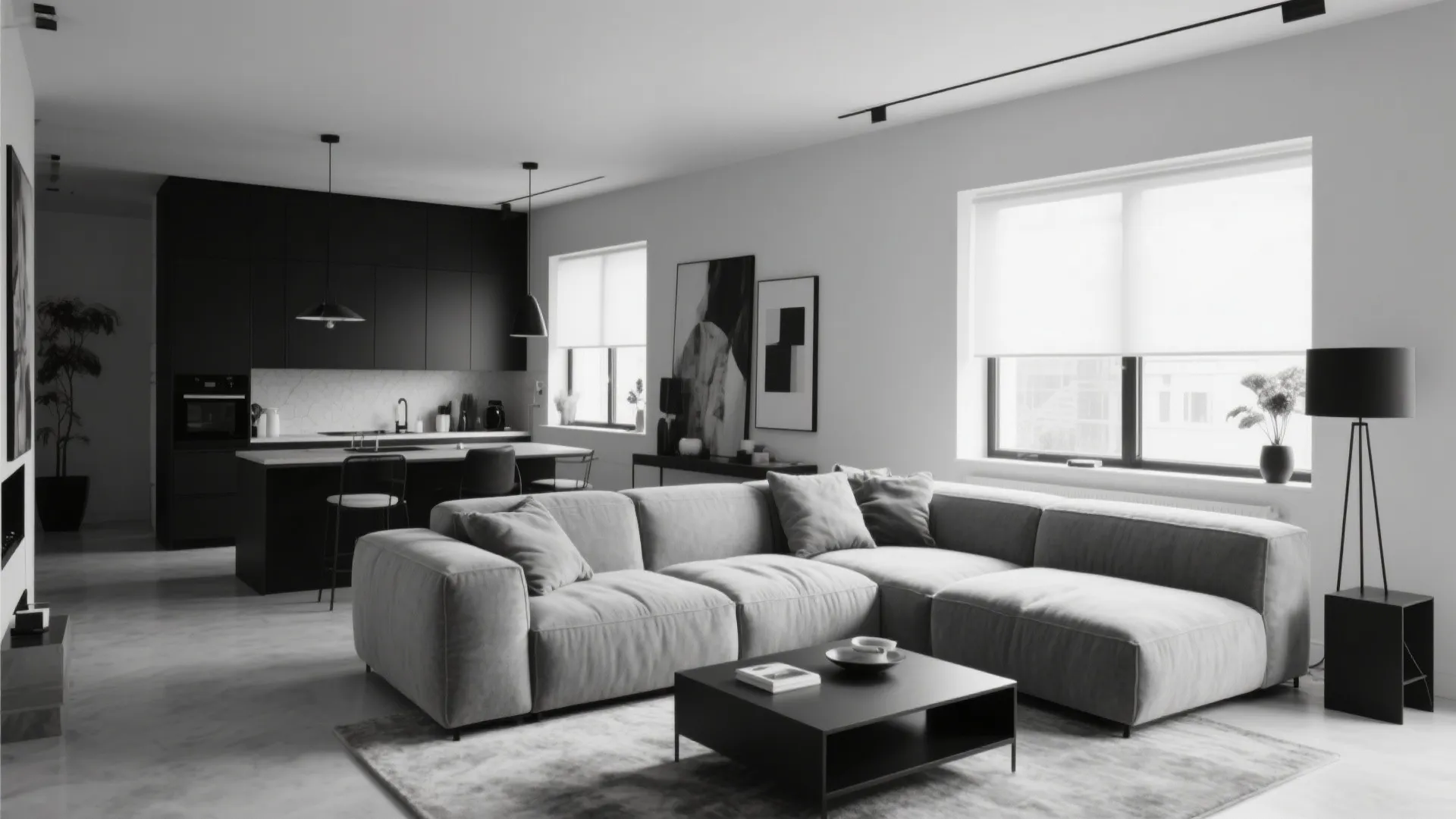 Living room with a soft gray sectional sofa