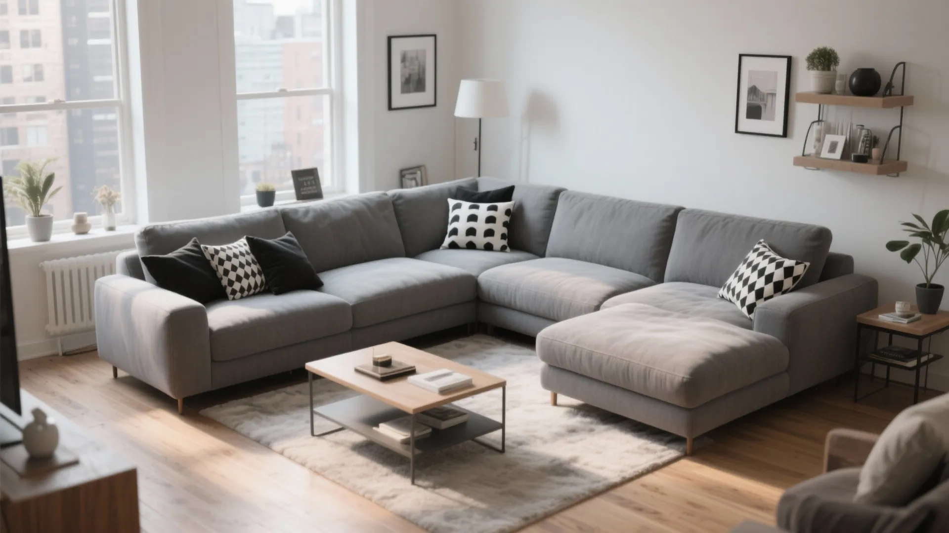 Large grey sofa with patterned cushions in bright living room with wooden table and white walls