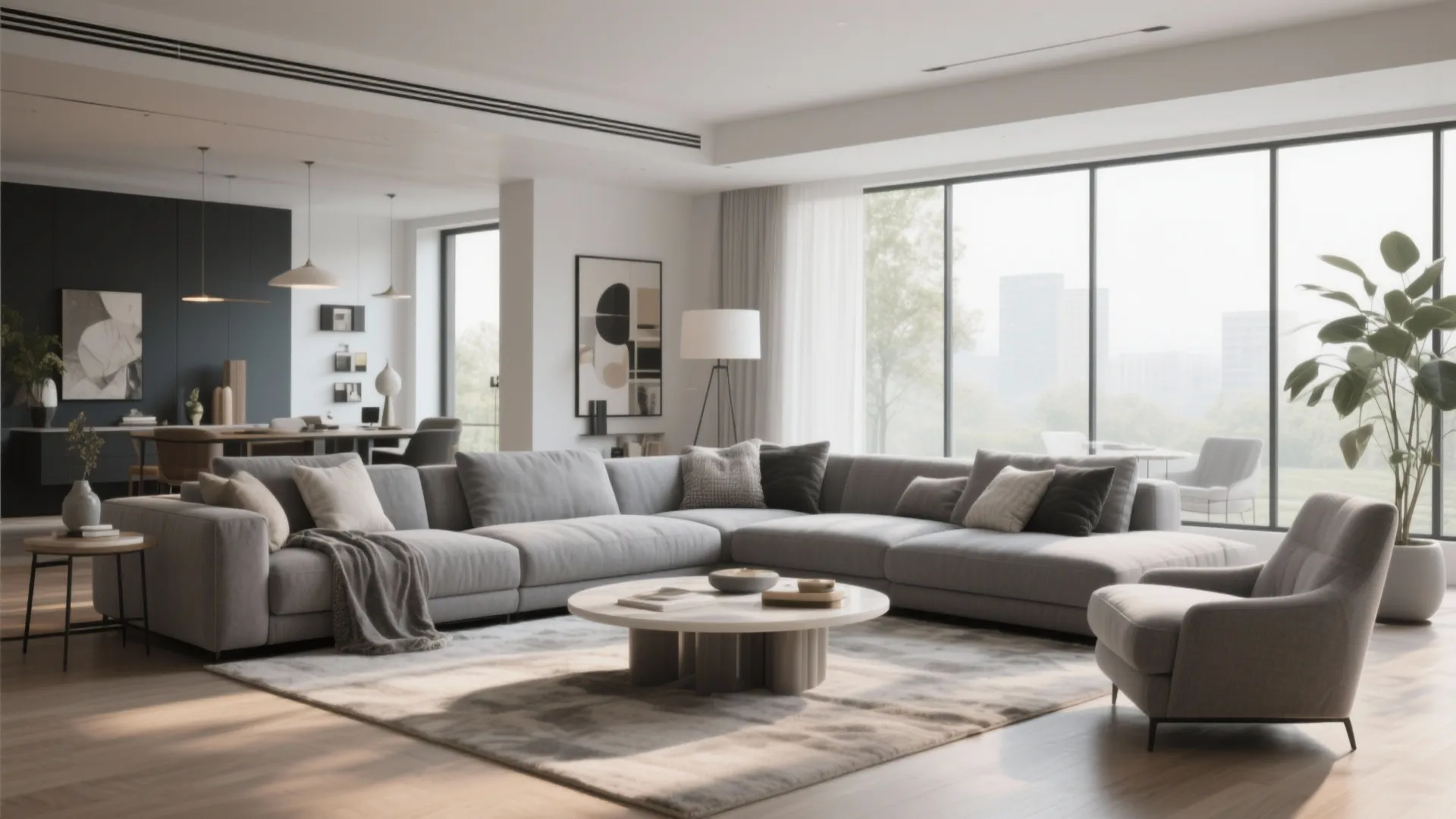 Modern living room with large gray sofa round coffee table big windows and green plant