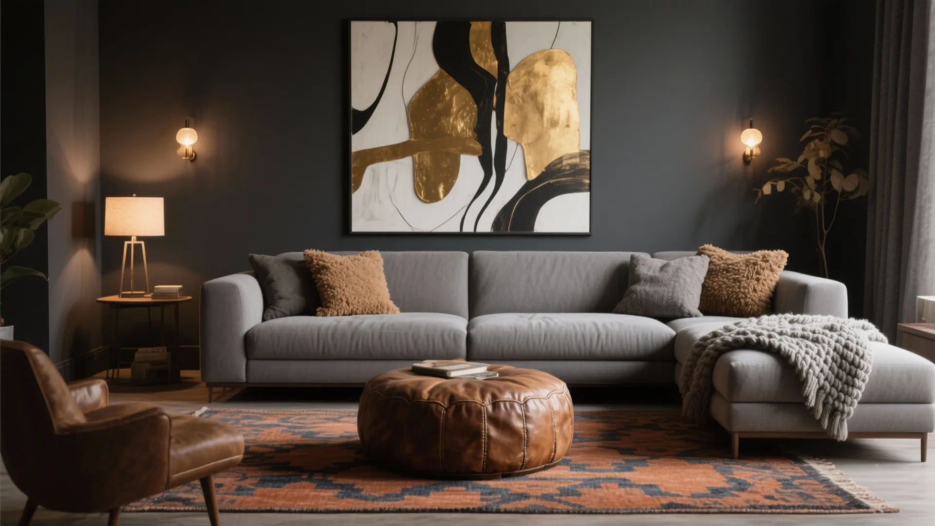 Modern living room with grey sofa brown footrest gold wall art table lamp and rug