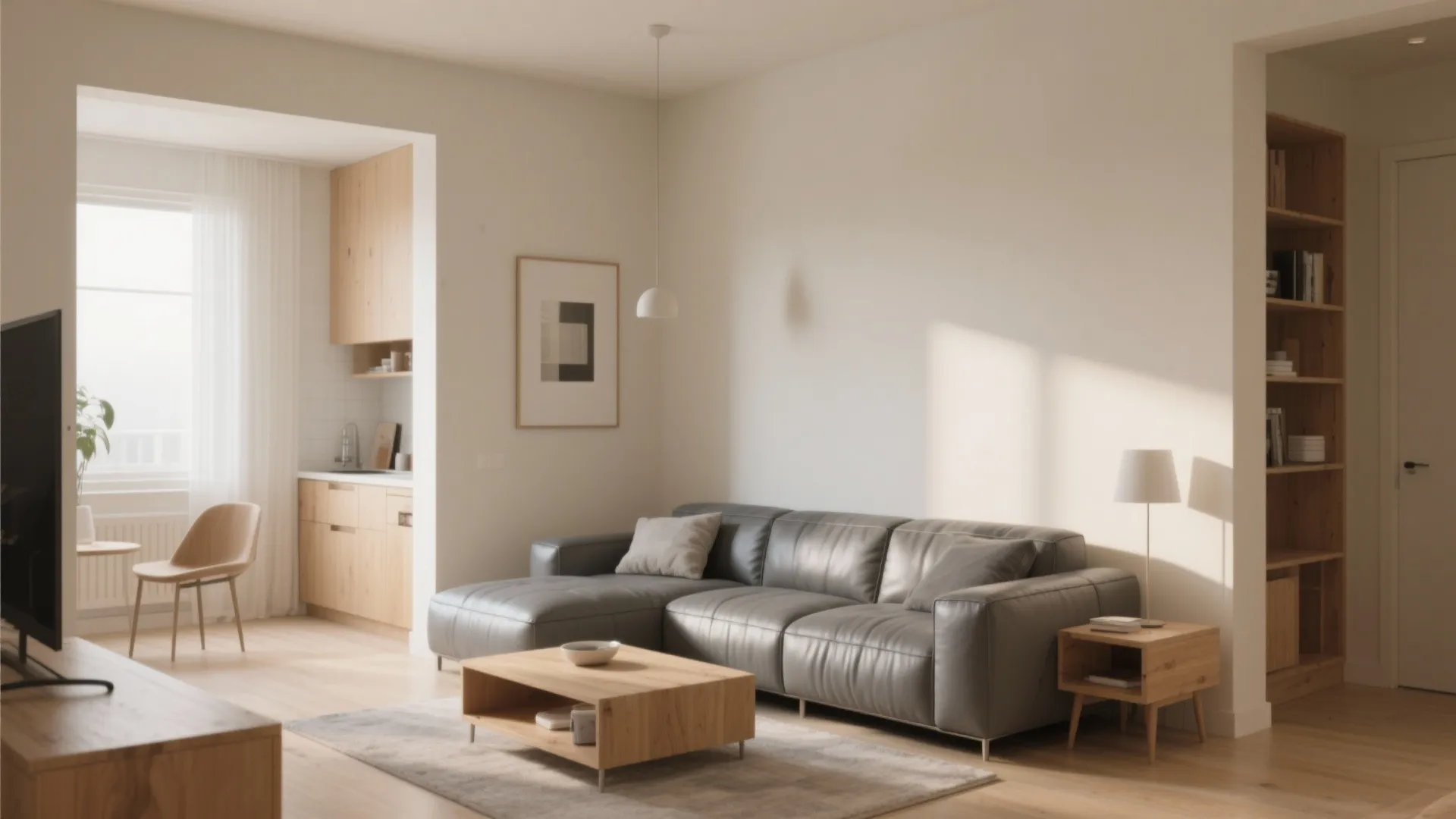 Bright living room with gray sofa wooden coffee table open kitchen view and tall wooden bookshelf