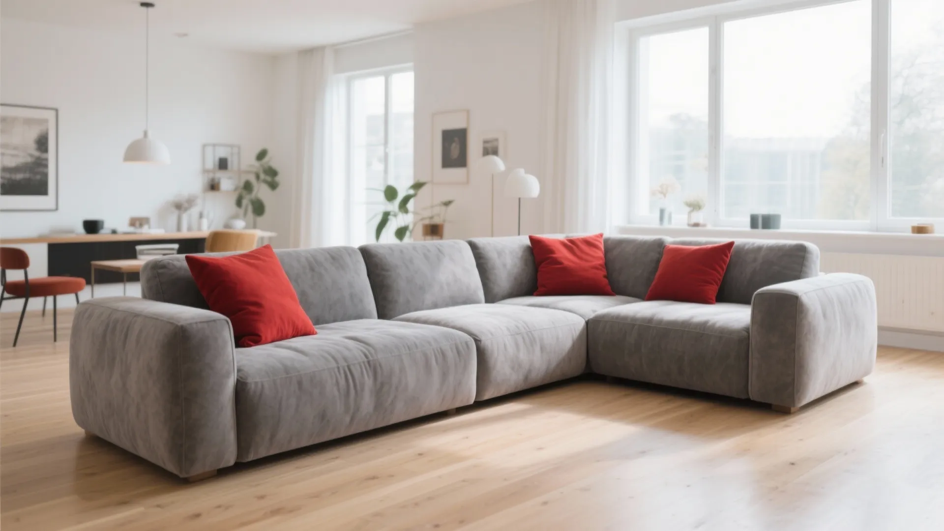 Gray L-shaped sectional sofa with red pillows in a bright living room