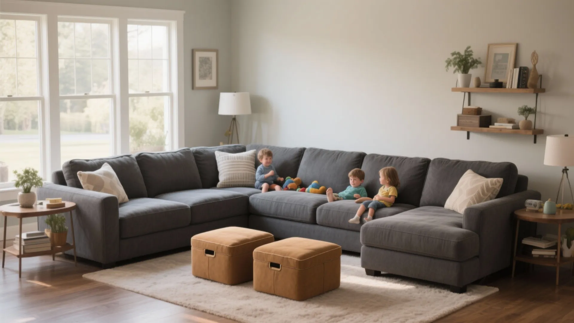 6. Gray Sectional with Tan Ottomans