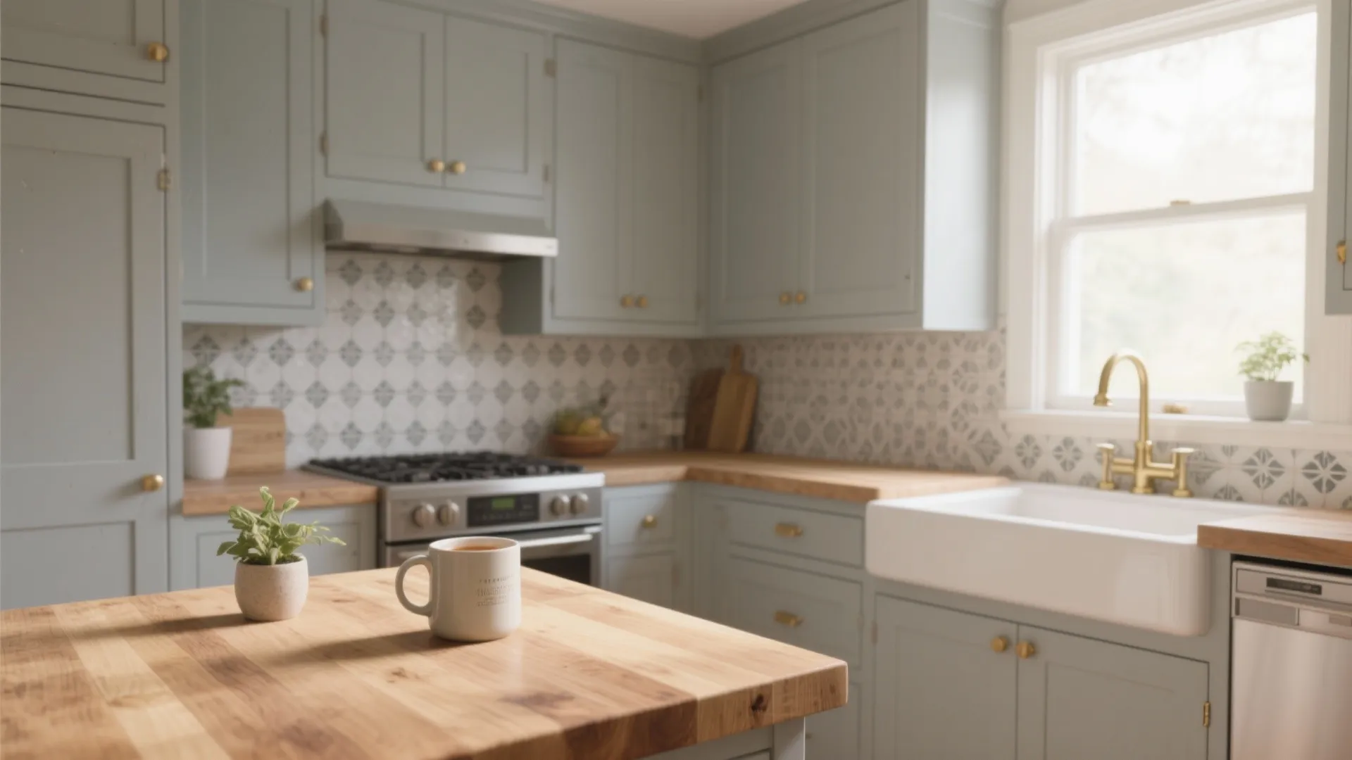 Modern kitchen with blue cabinets wooden countertops patterned tile backsplash white sink and kitchen island