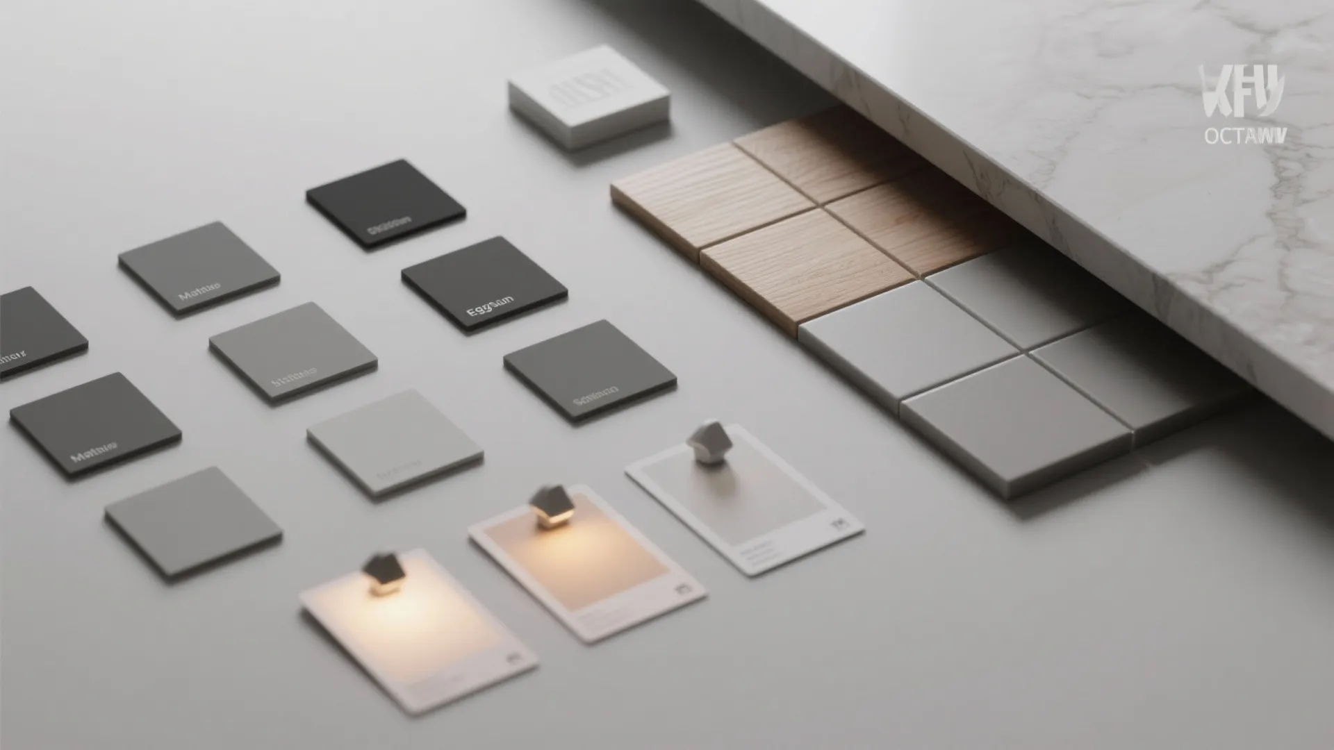 Top-down flatlay of gray paint swatches in matte, eggshell, and satin next to material samples and lighting cards.