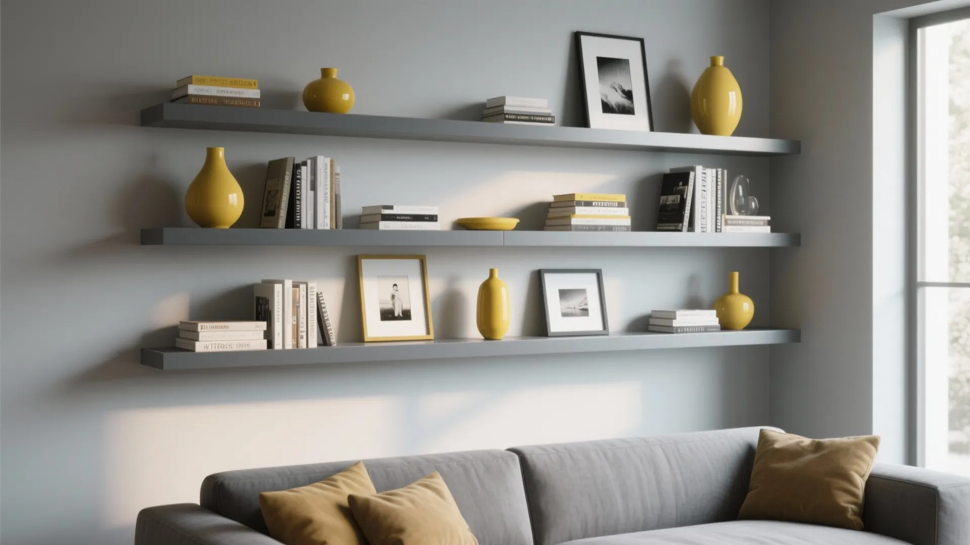 6. Sleek Gray Shelving with Yellow Decorative Pieces