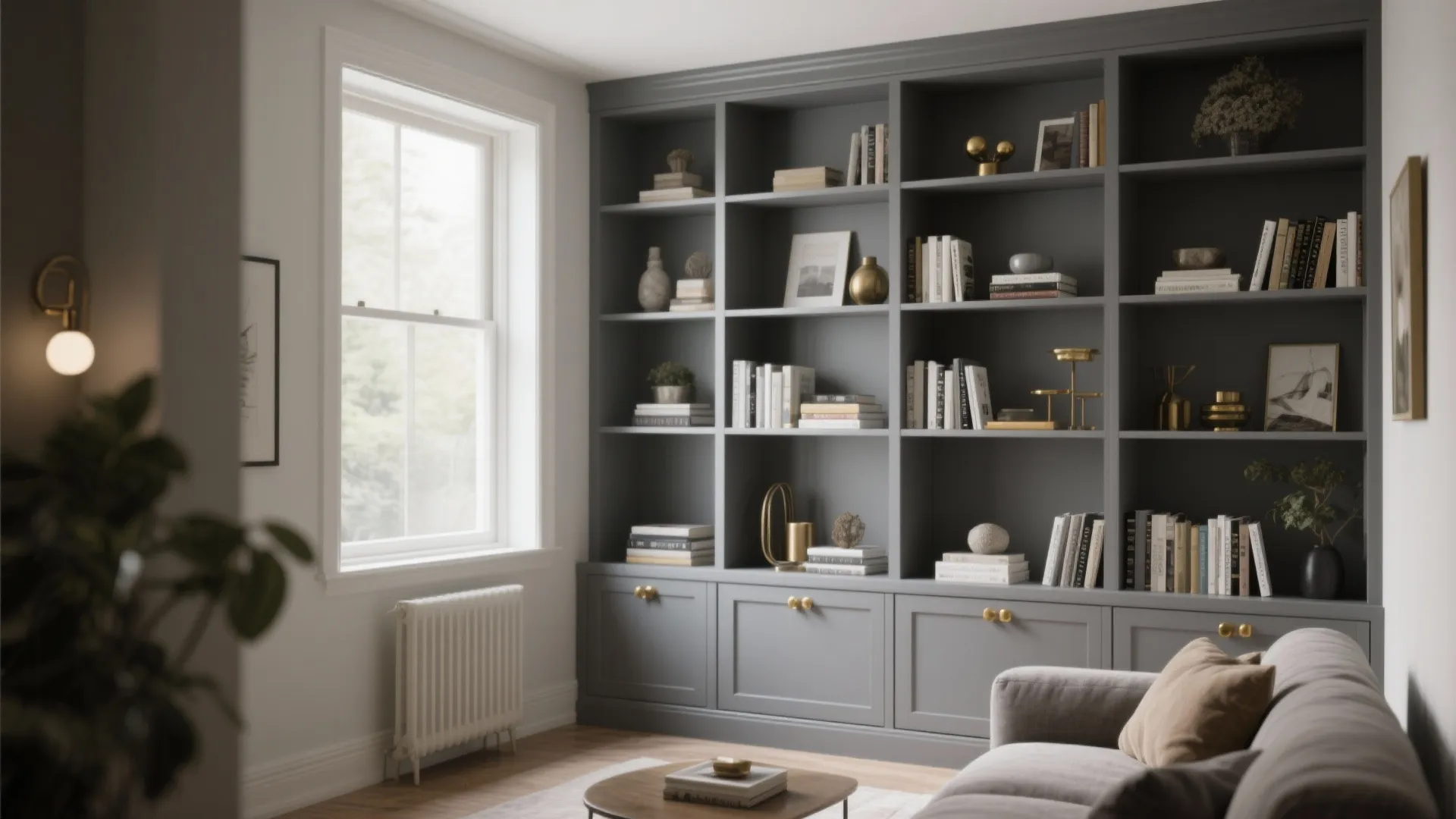 7. Built-in Gray Shelving with Gold Hardware
