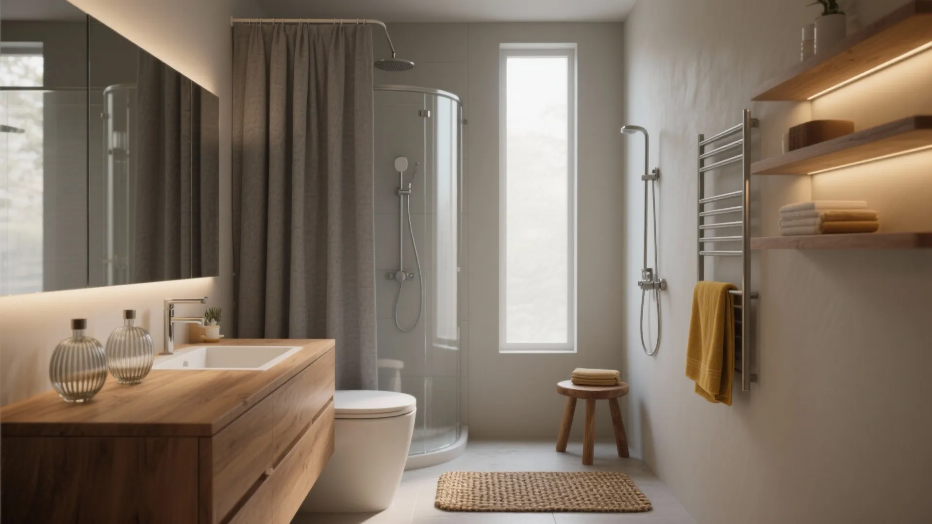 Bright bathroom with wood cabinet and glass shower and white toilet and small wooden stool