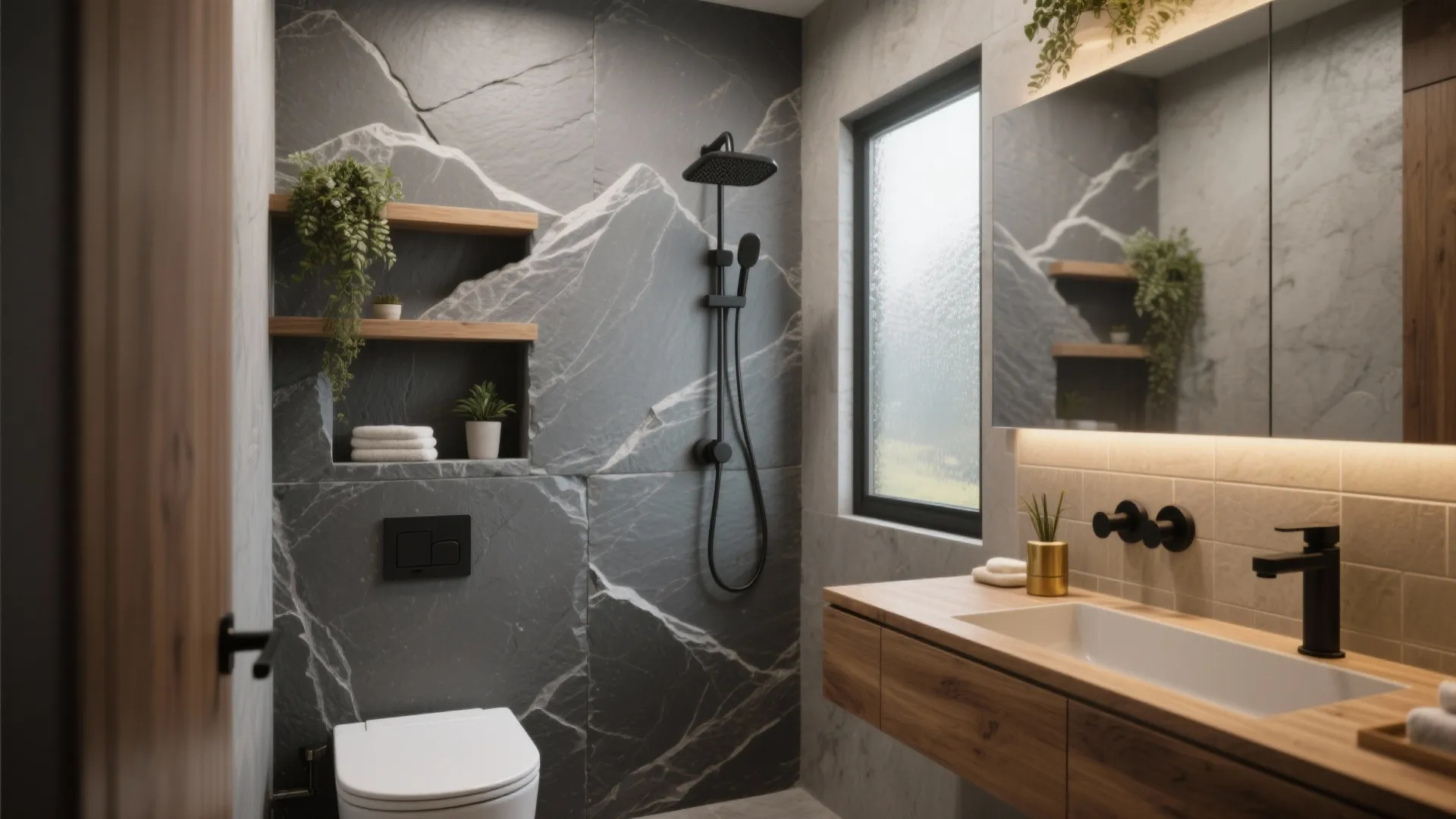 Natural bathroom design with stone wall patterns wooden vanity white toilet plants and black shower