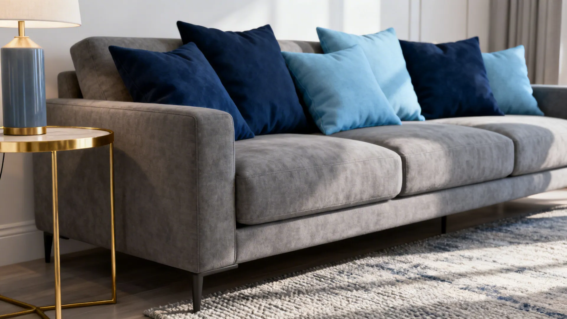 Mid-tone gray sofa with layered blue pillows and a gold-trimmed side table in a small living room.
