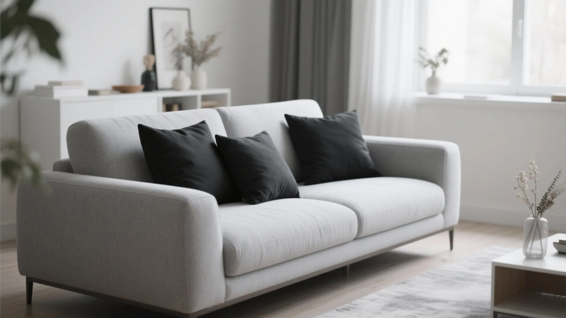 Modern light grey sofa with three black pillows placed in a bright and sunny living room