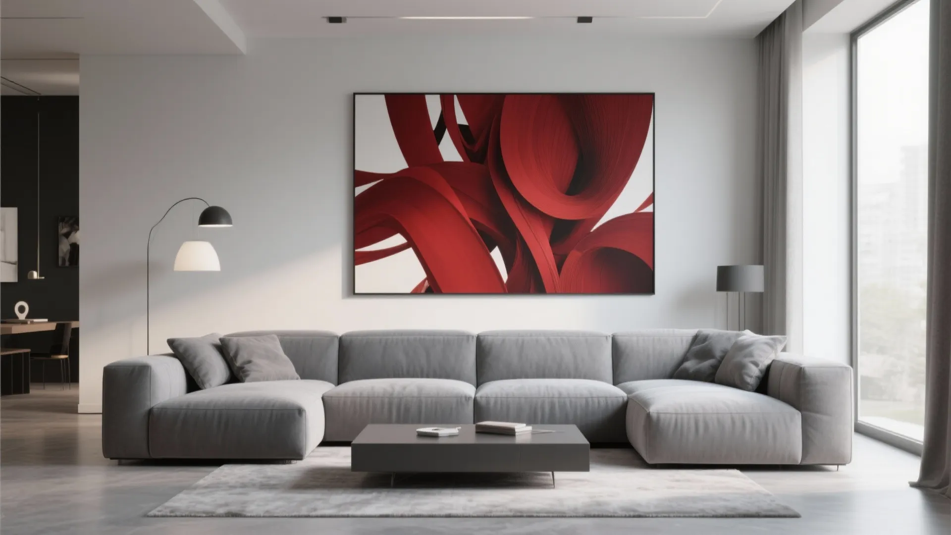 Gray modular sofa under bold burgundy abstract art