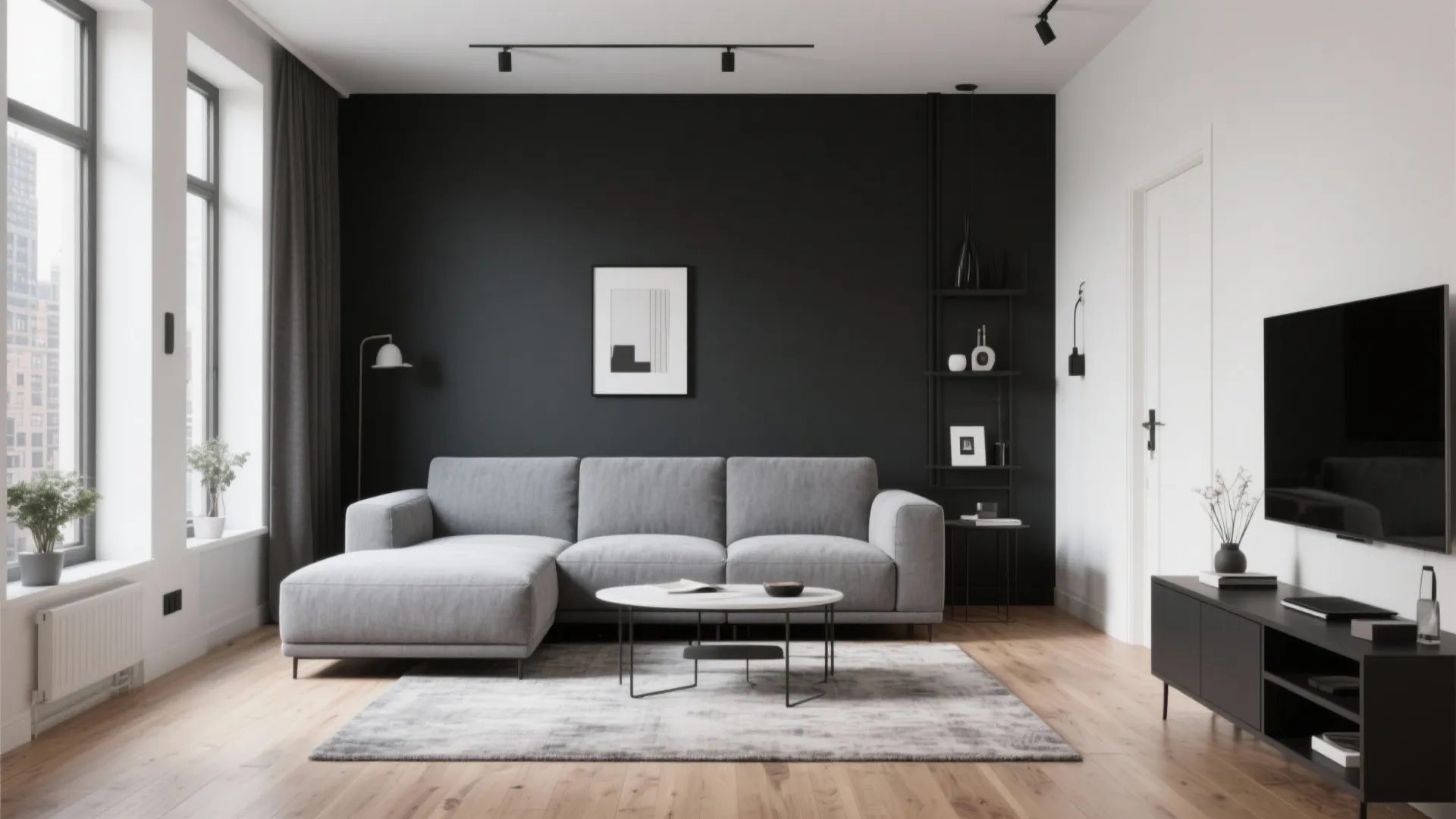Modern living room featuring gray sofa wood flooring black accent wall television and large bright windows