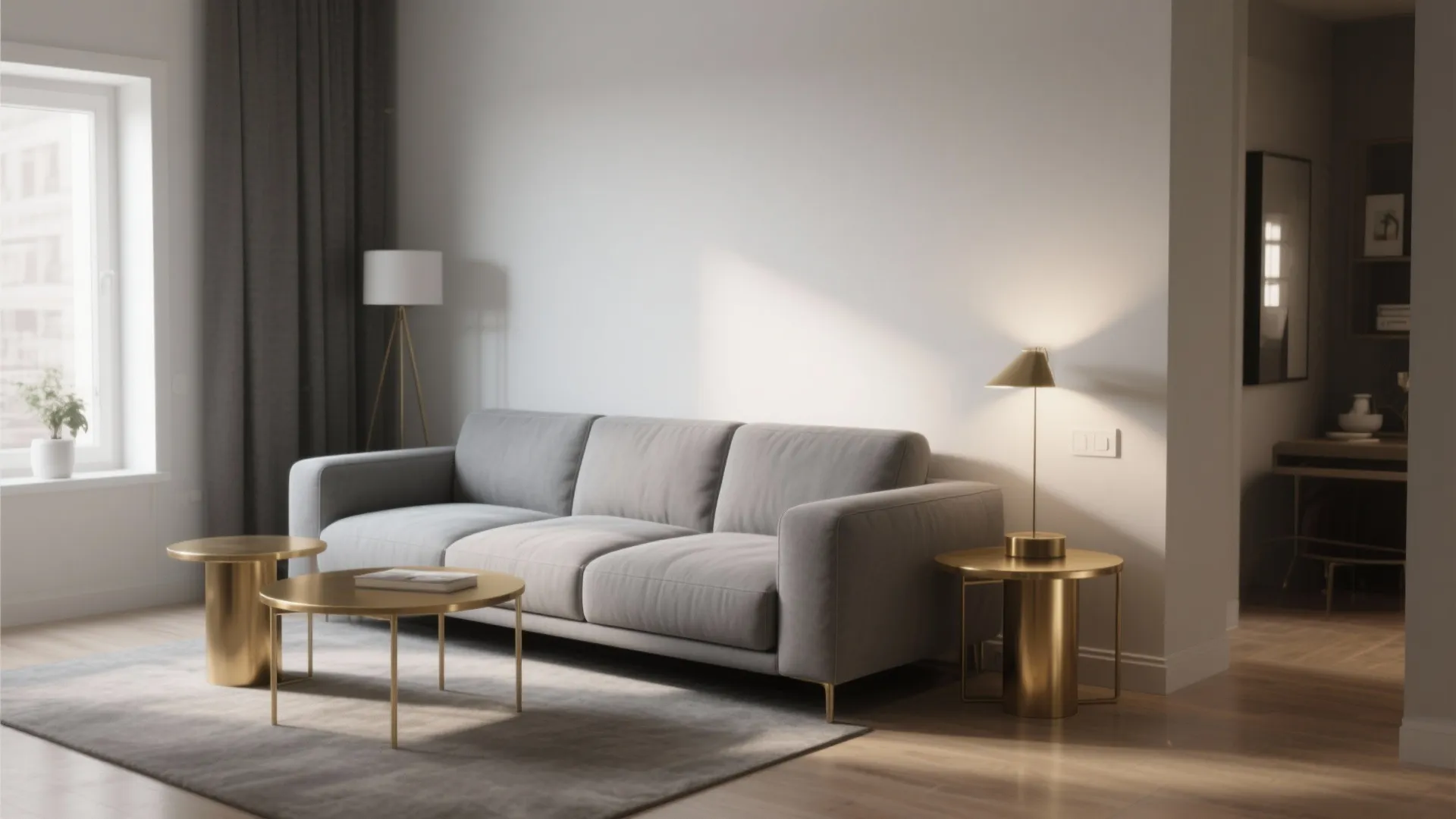 1. Minimalist Gray Sofa with Gold Accents