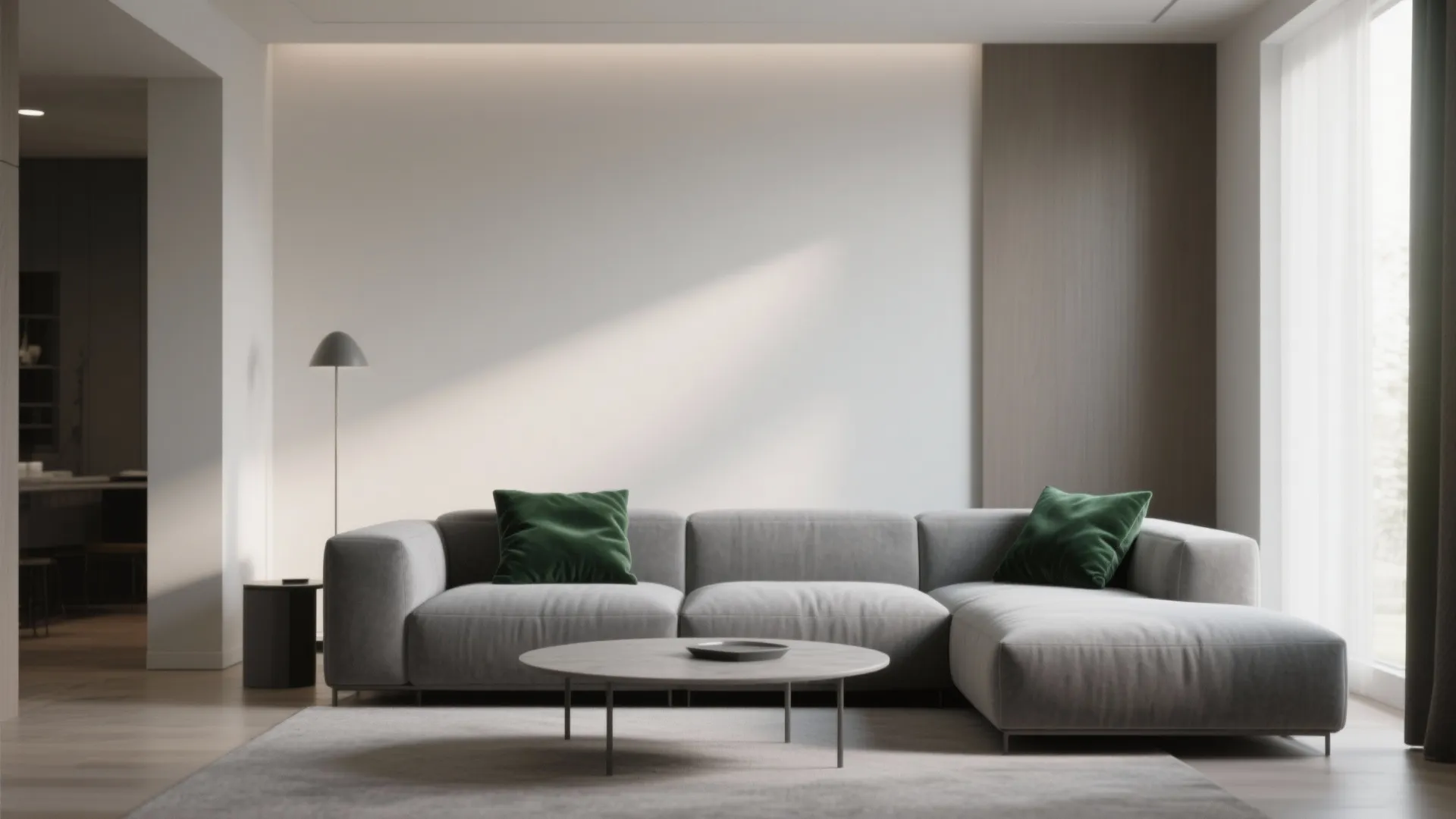 1. Minimalist Gray Sofa with Deep Green Accents