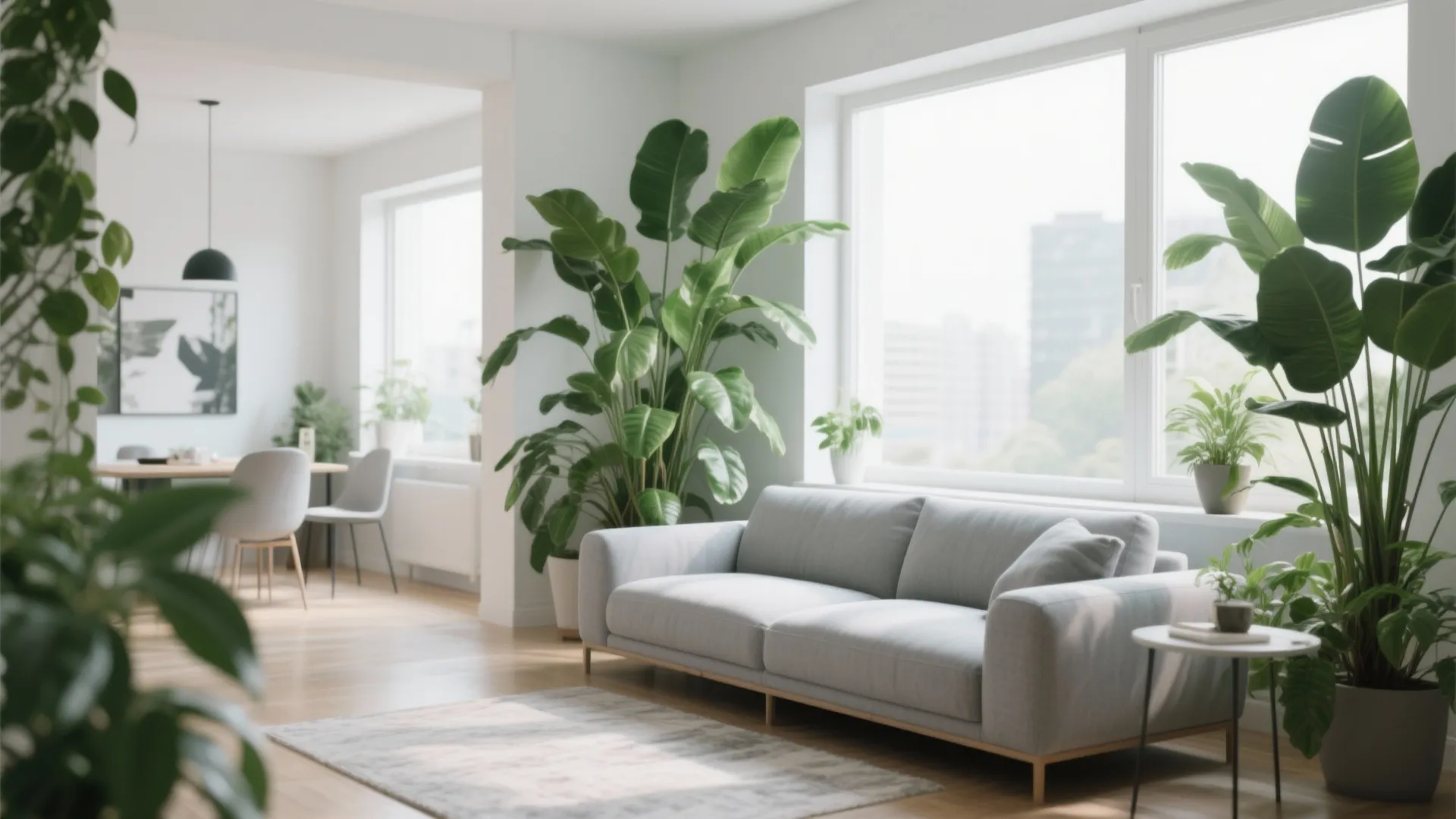 Sunlit living room with grey sofa large windows many green potted plants and dining area