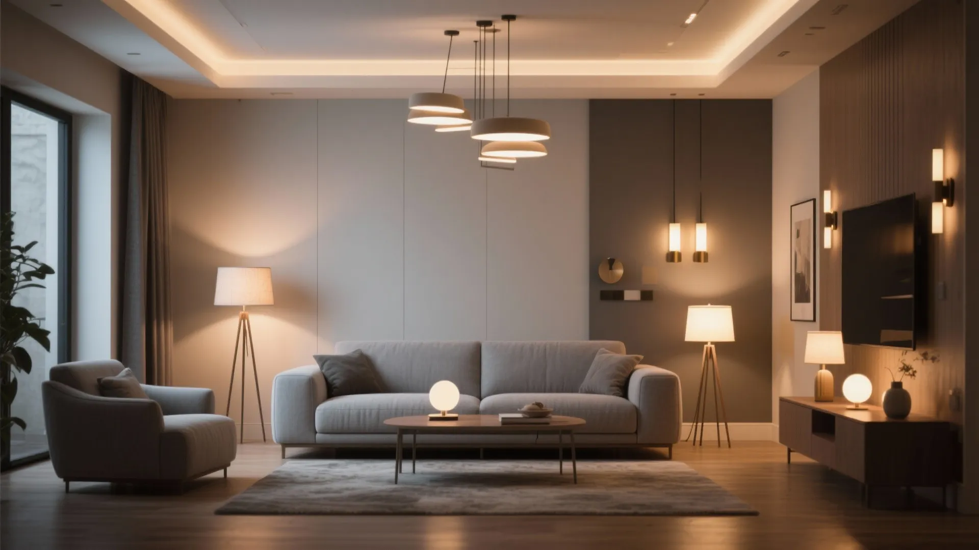 Modern living room with gray sofa warm ceiling light floor lamp and wooden coffee table