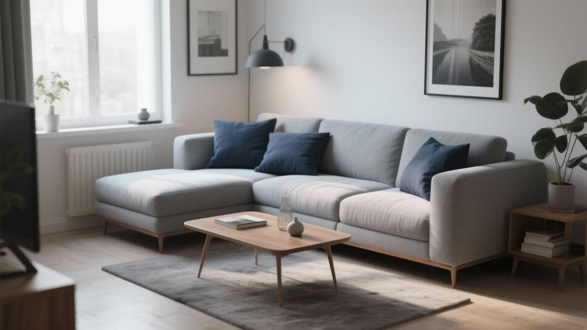 Soft Gray Sofa with Navy Accents