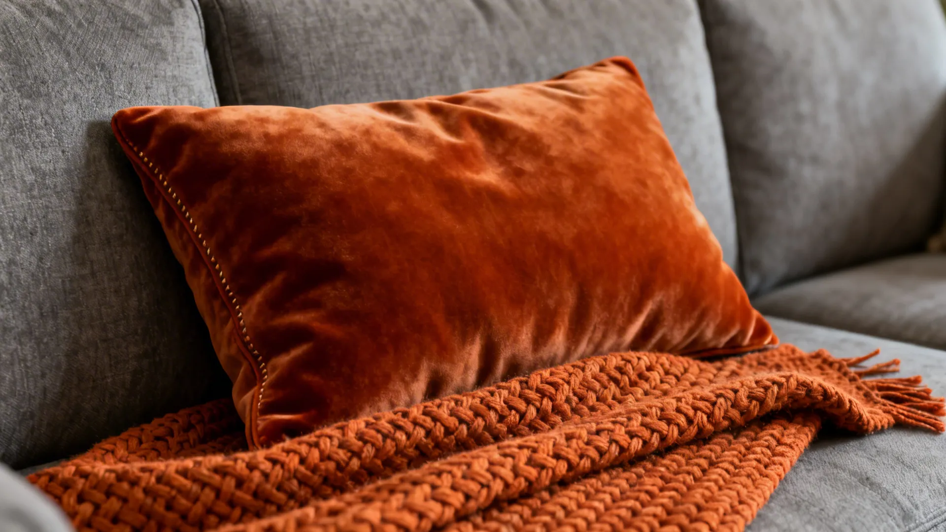 Close-up of mid-gray sofa with a burnt orange velvet cushion and woven throw.