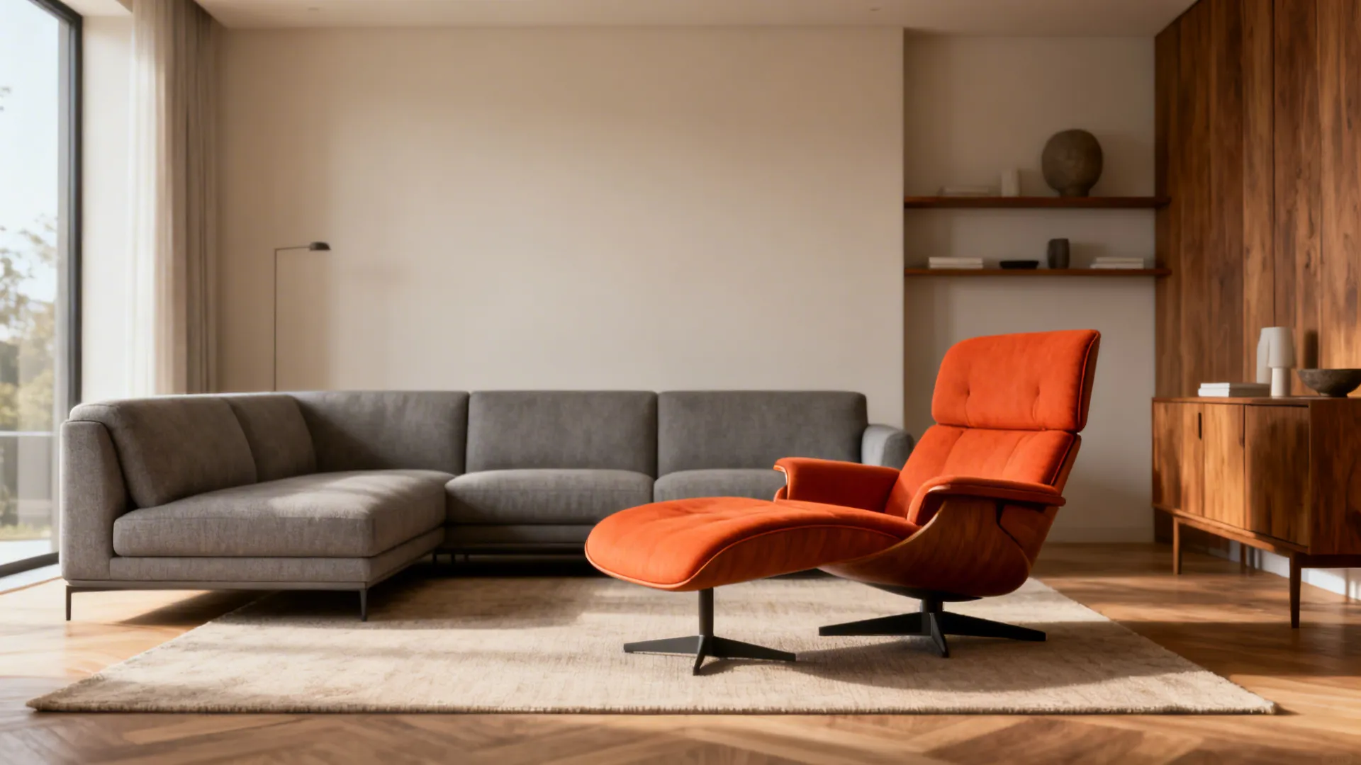 Mid-tone gray sofa paired with a single orange mid-century lounge chair and warm oak accents.