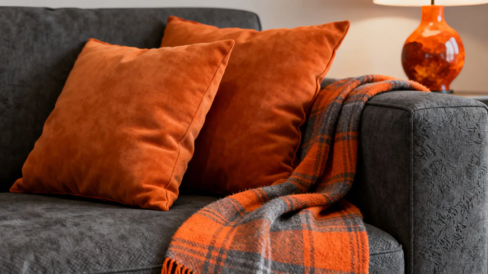 Gray sofa with orange pillows and orange checkered blanket next to a small orange lamp