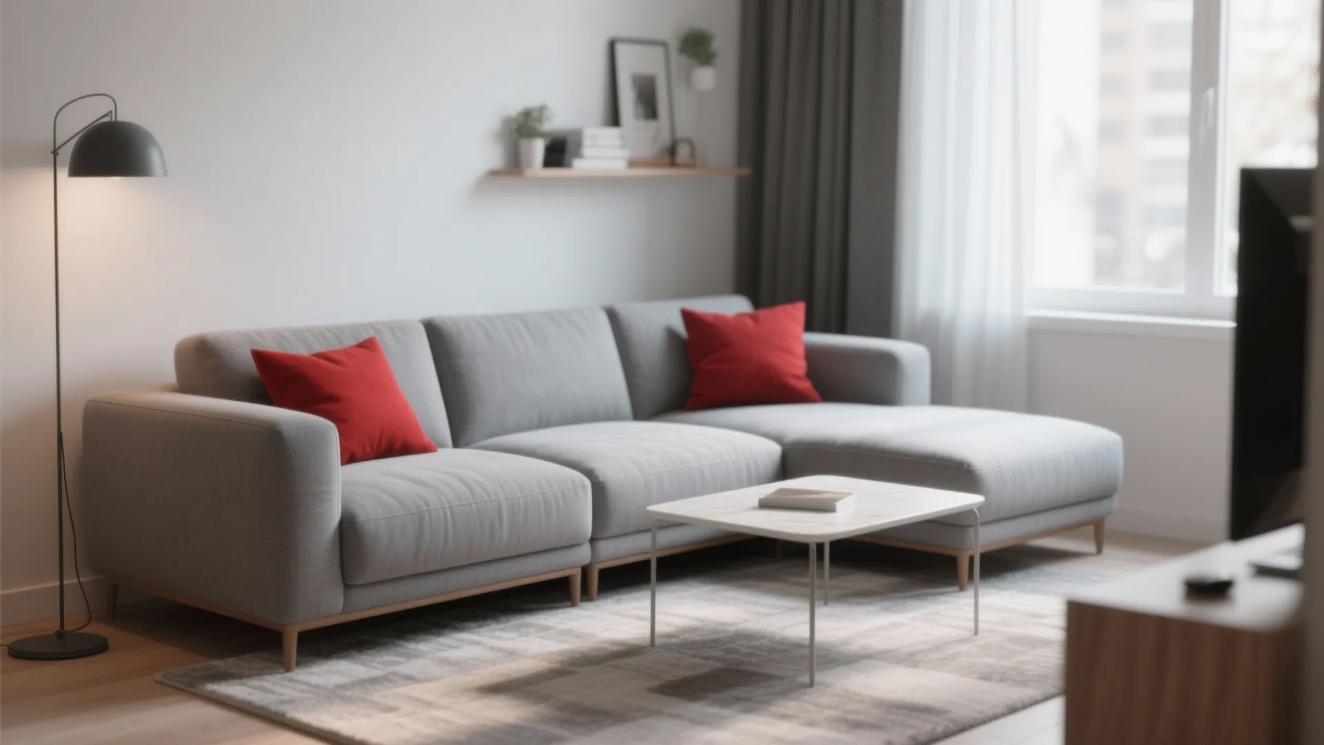 Modern living room featuring a gray sofa with red pillows and a white coffee table